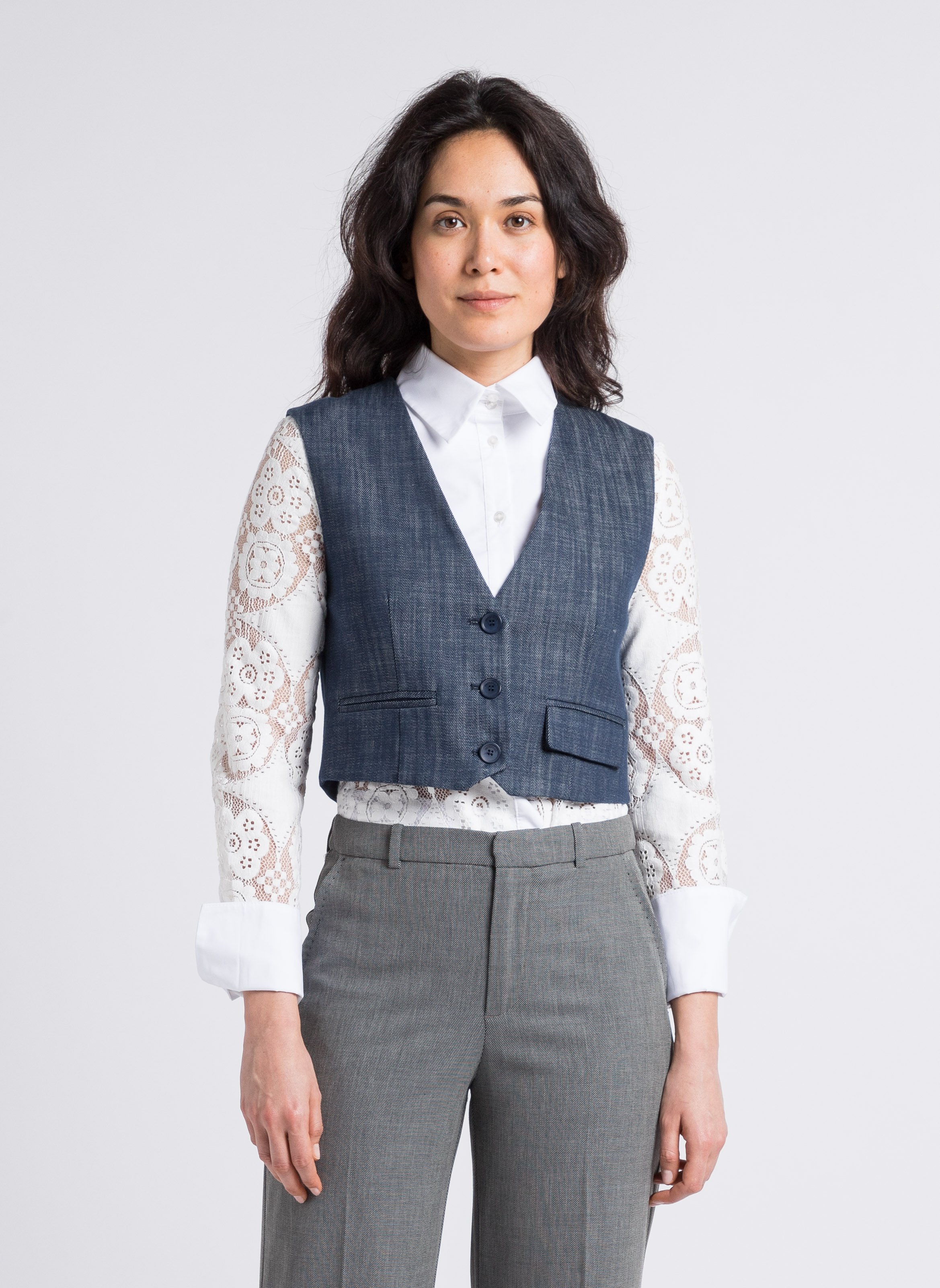 Gilet court en denim col V en coton IMPERIAL Bleu