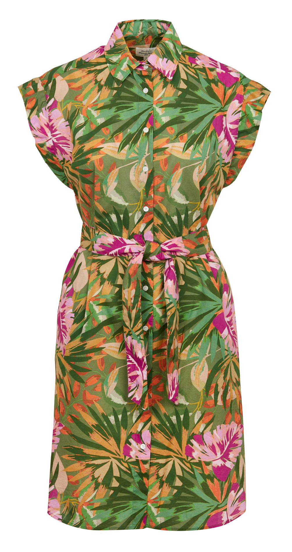 Leaf print belted cotton belted midi dress HARTFORD Green