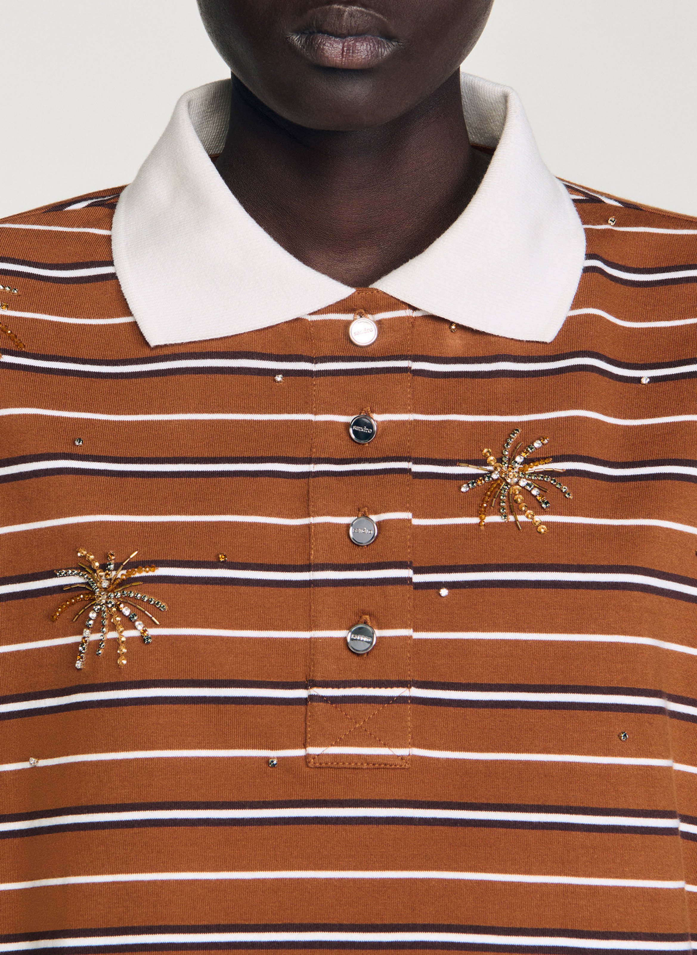 Tee-shirt rayé en coton col classique SANDRO Marron