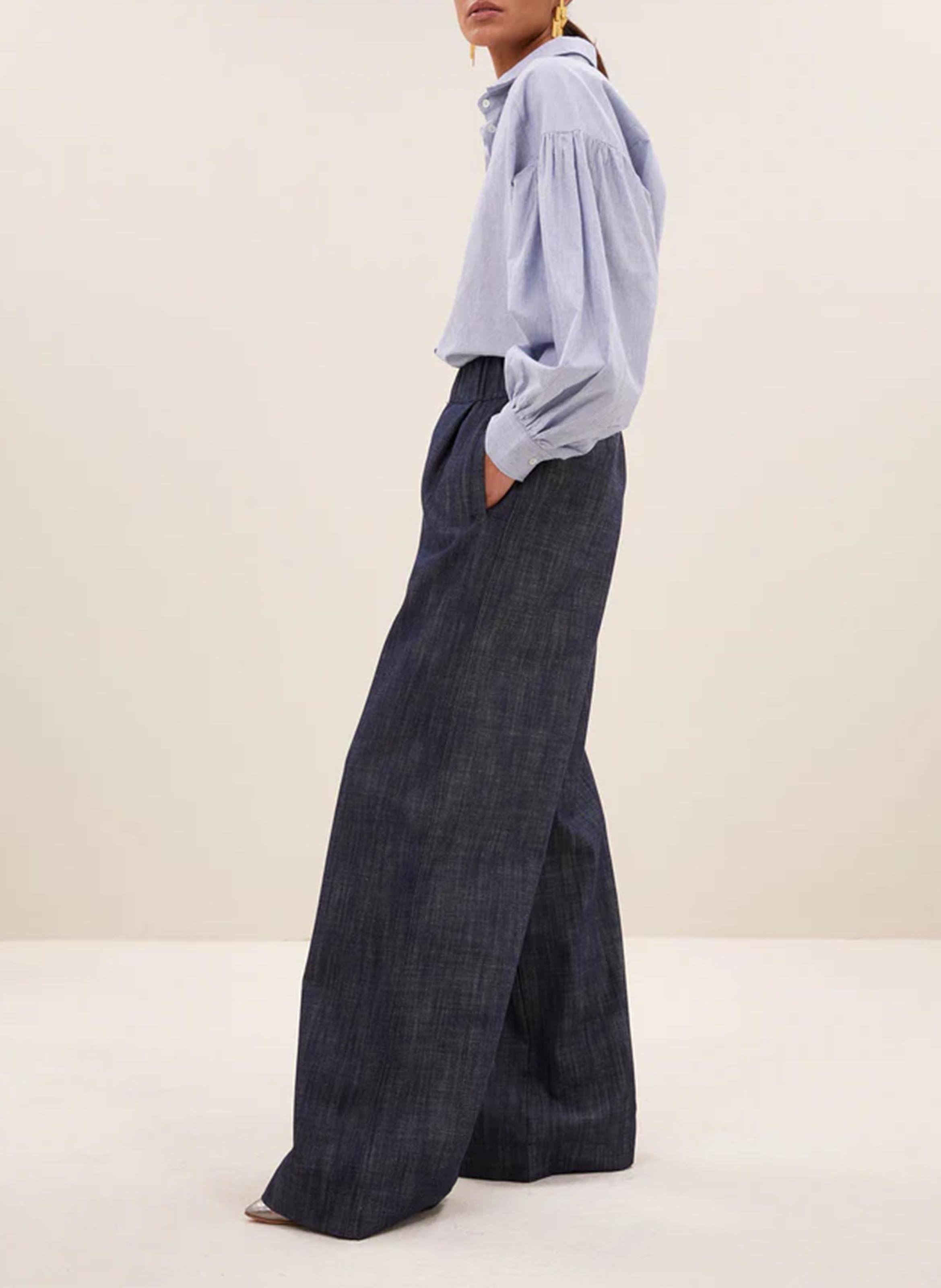 Gestreepte broek in pyjamastijl van katoen, linnen en zijde BY BAR Blauw