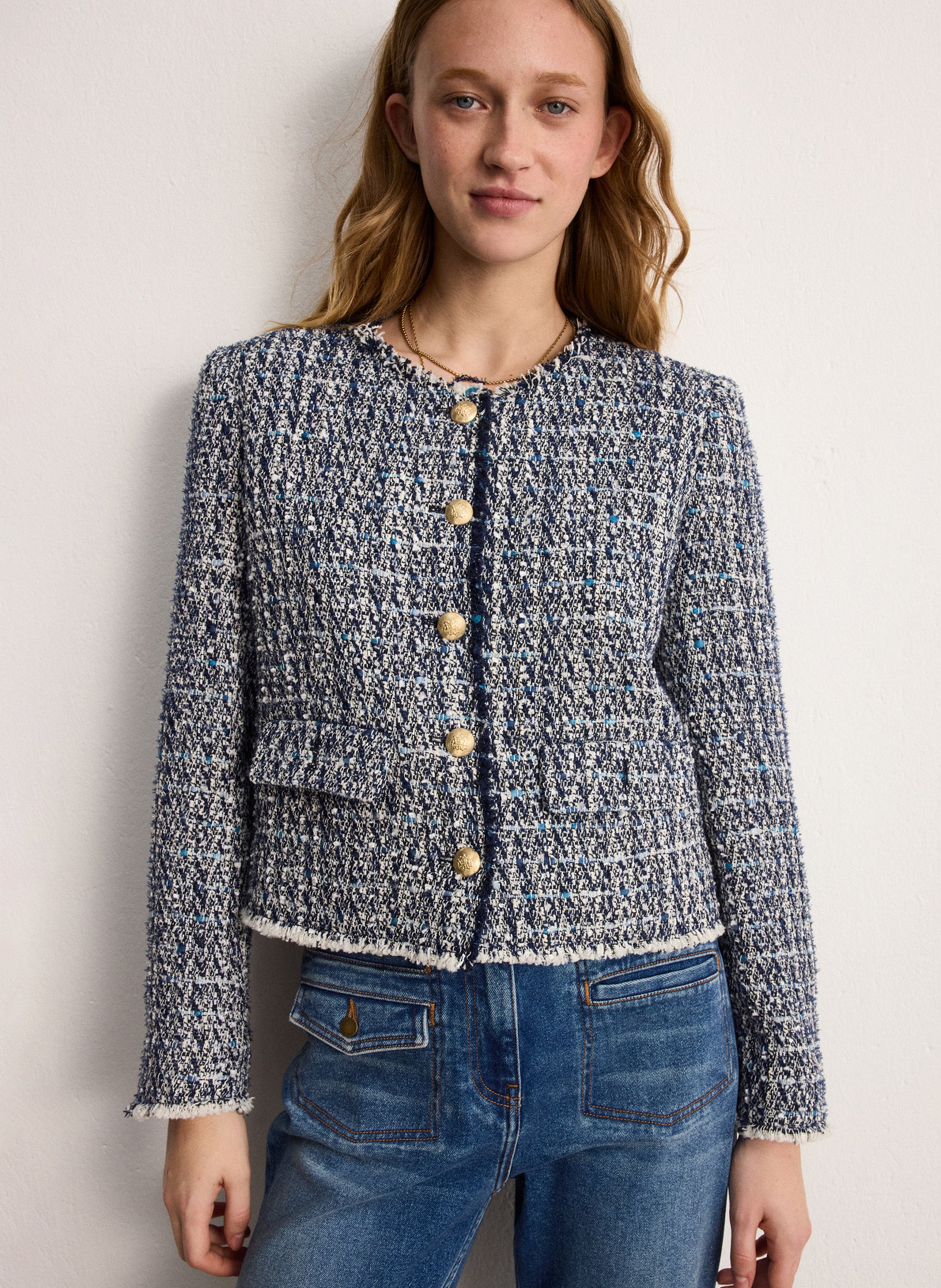 Veste droite col rond en jacquard PABLO Bleu