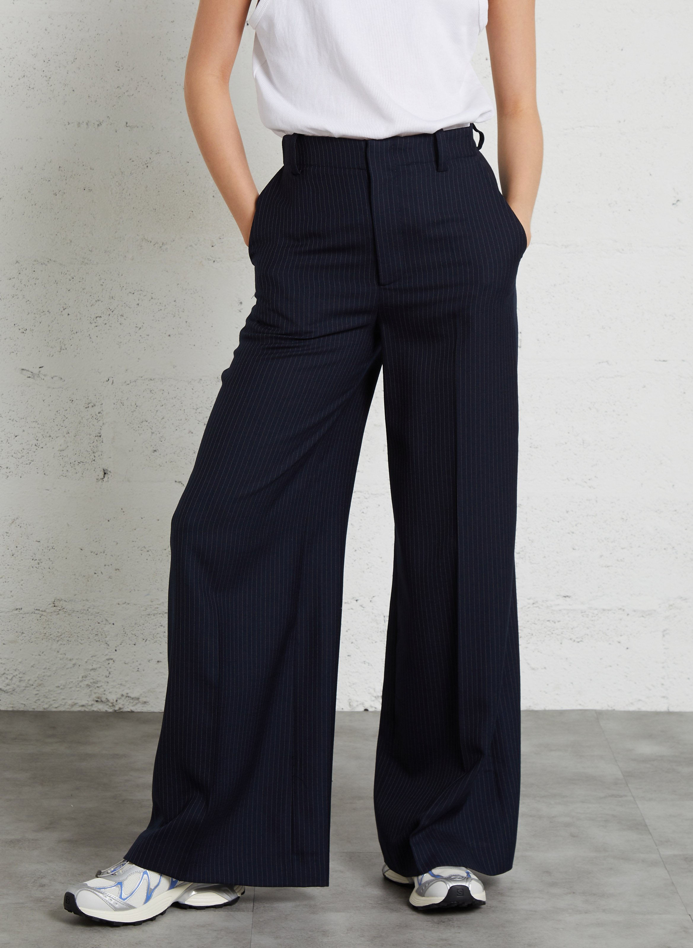 Pantalon large en laine rayée MARGAUX LONNBERG Bleu