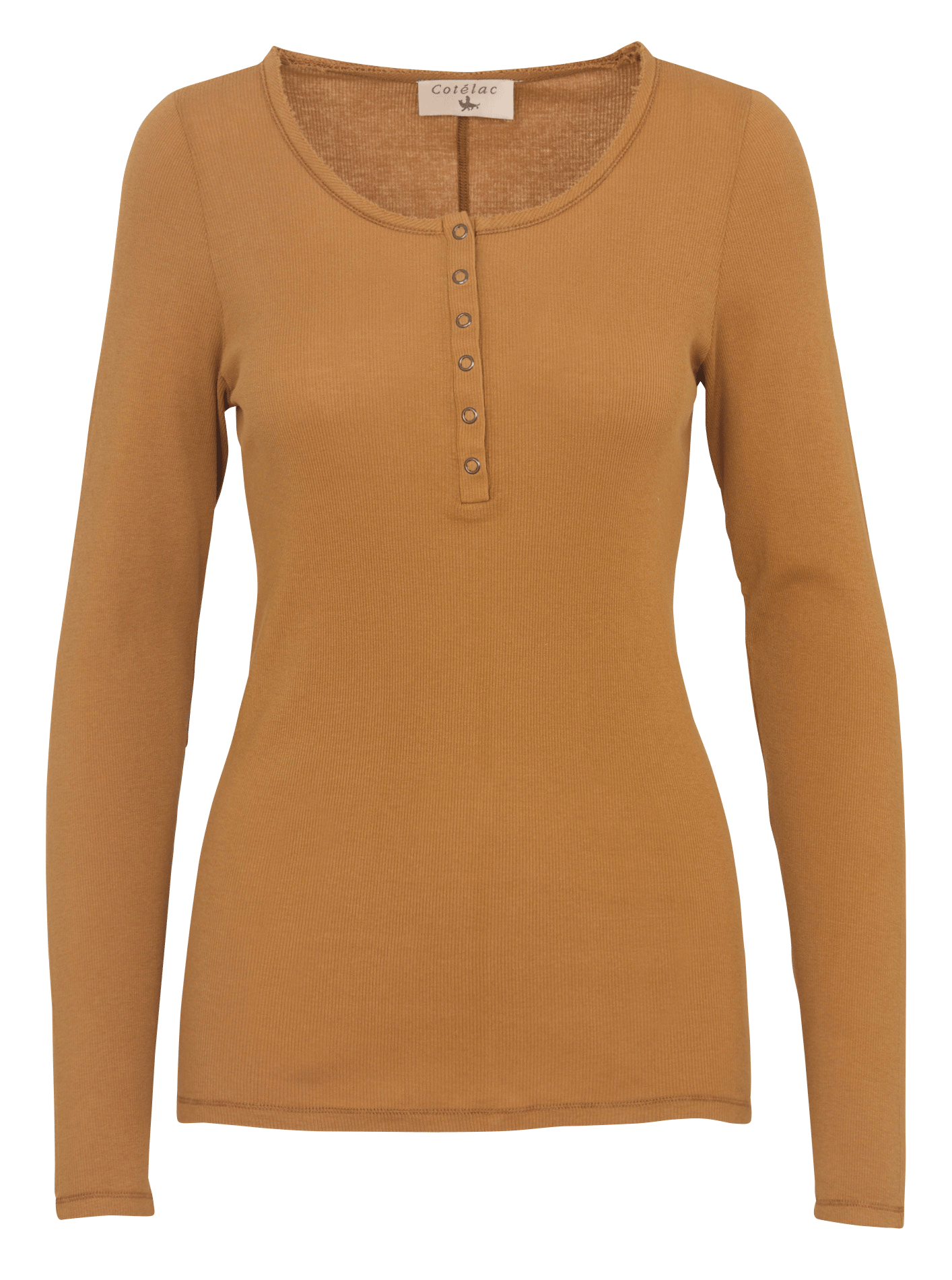 Round neck buttoned plain t-shirt COTELAC Brown