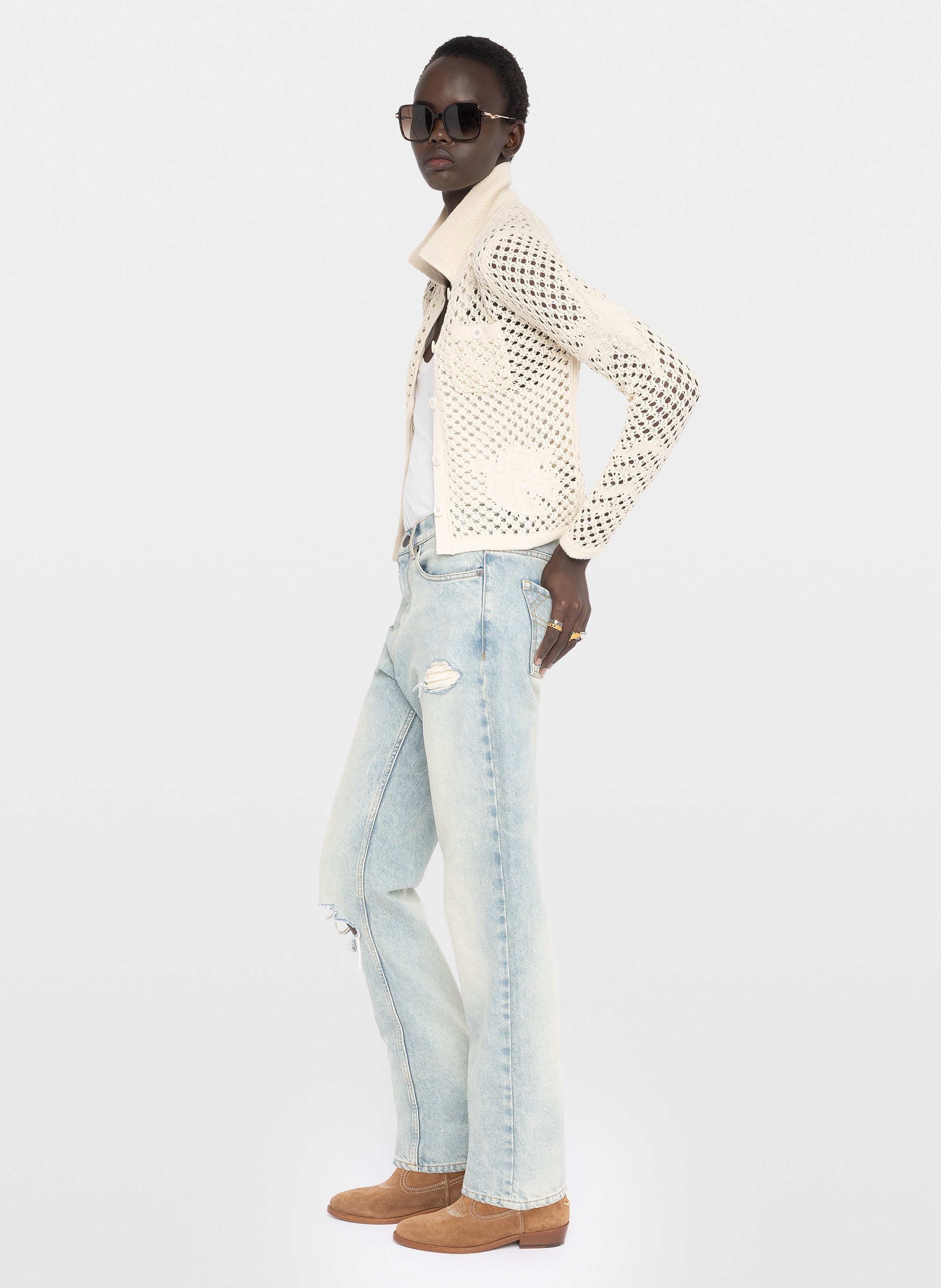 Cardigan droit col classique en coton et lin mélangé ZADIG&VOLTAIRE Blanc