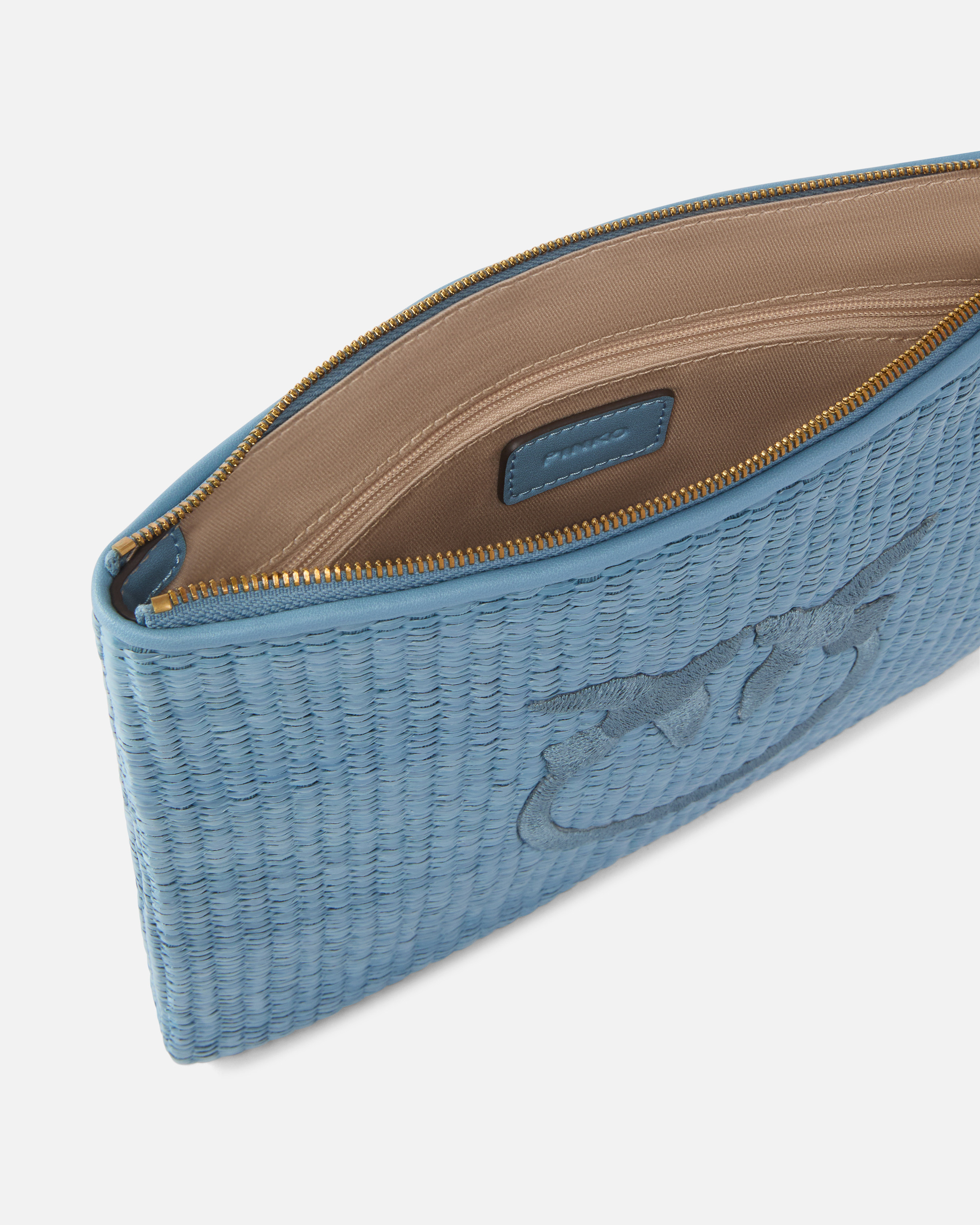 Raffia clutch with love birds logo PINKO Blue