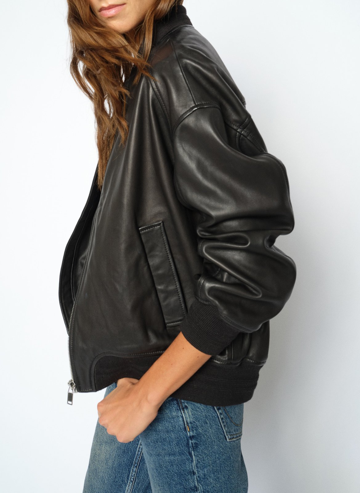 Veste droite zippée en cuir MOS MOSH Noir