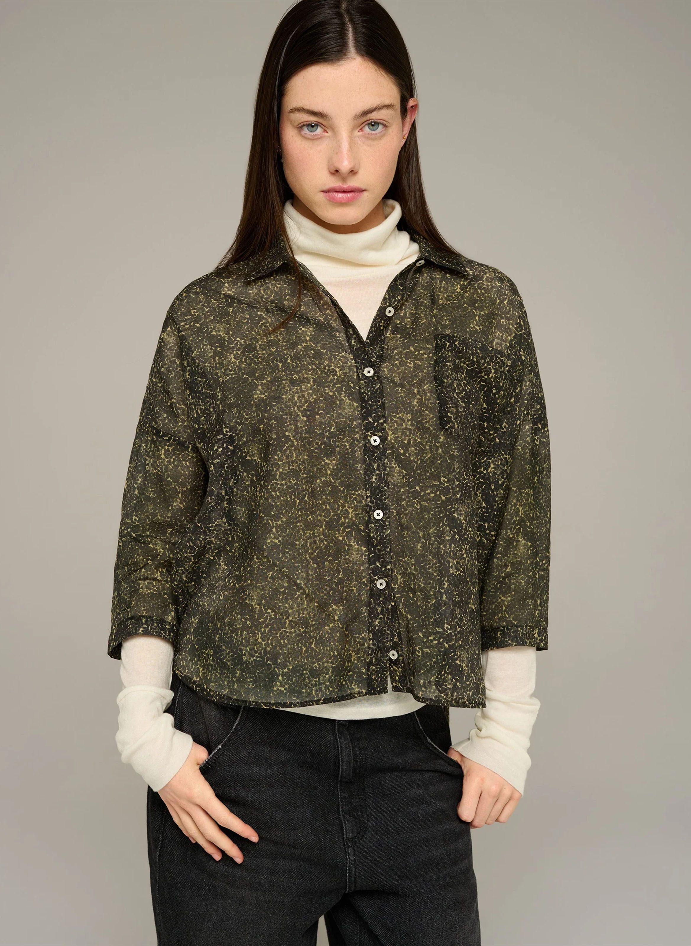 Straight shirt with classic collar in printed cotton and silk blend COTELAC ACOTE Black
