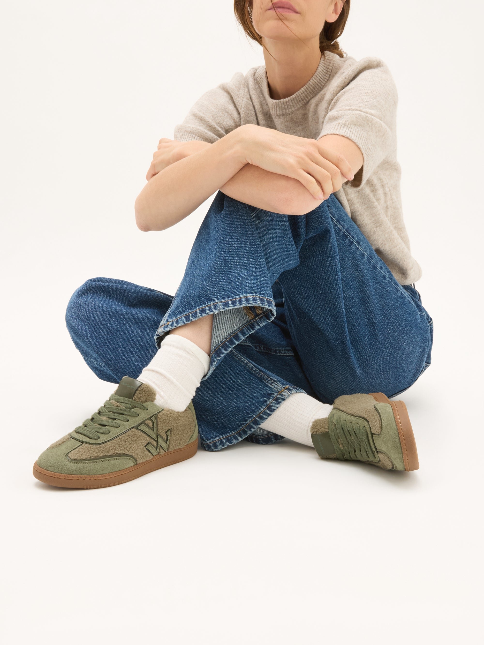 Monogram faux shearling sneakers with retro sole VANESSA WU Khaki