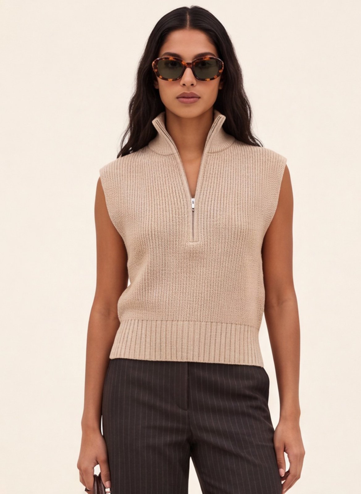 Sleeveless zip-up mock-neck sweater KOOKAI Beige