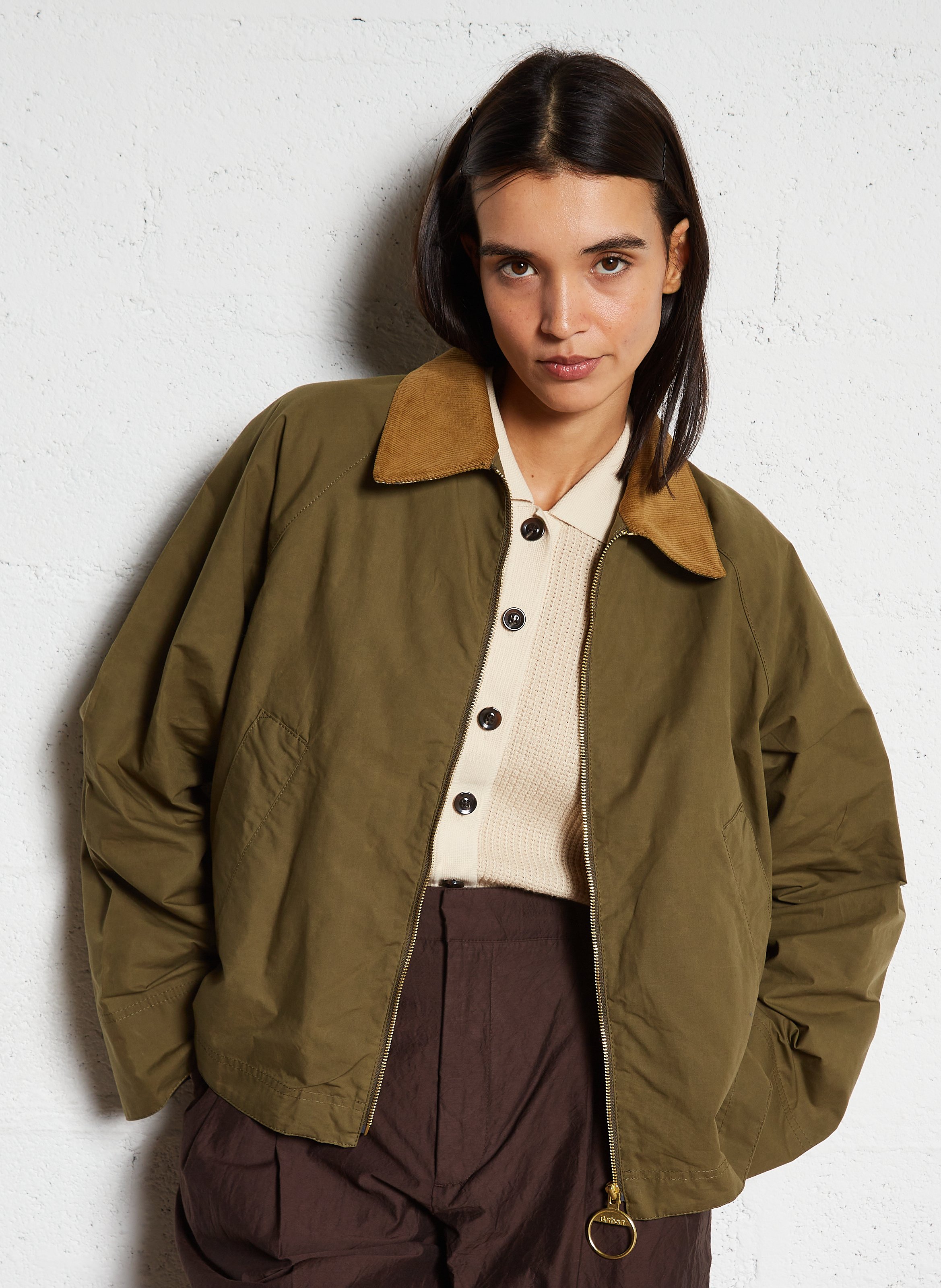 Short straight zip-up cotton jacket Dusky green-ancient