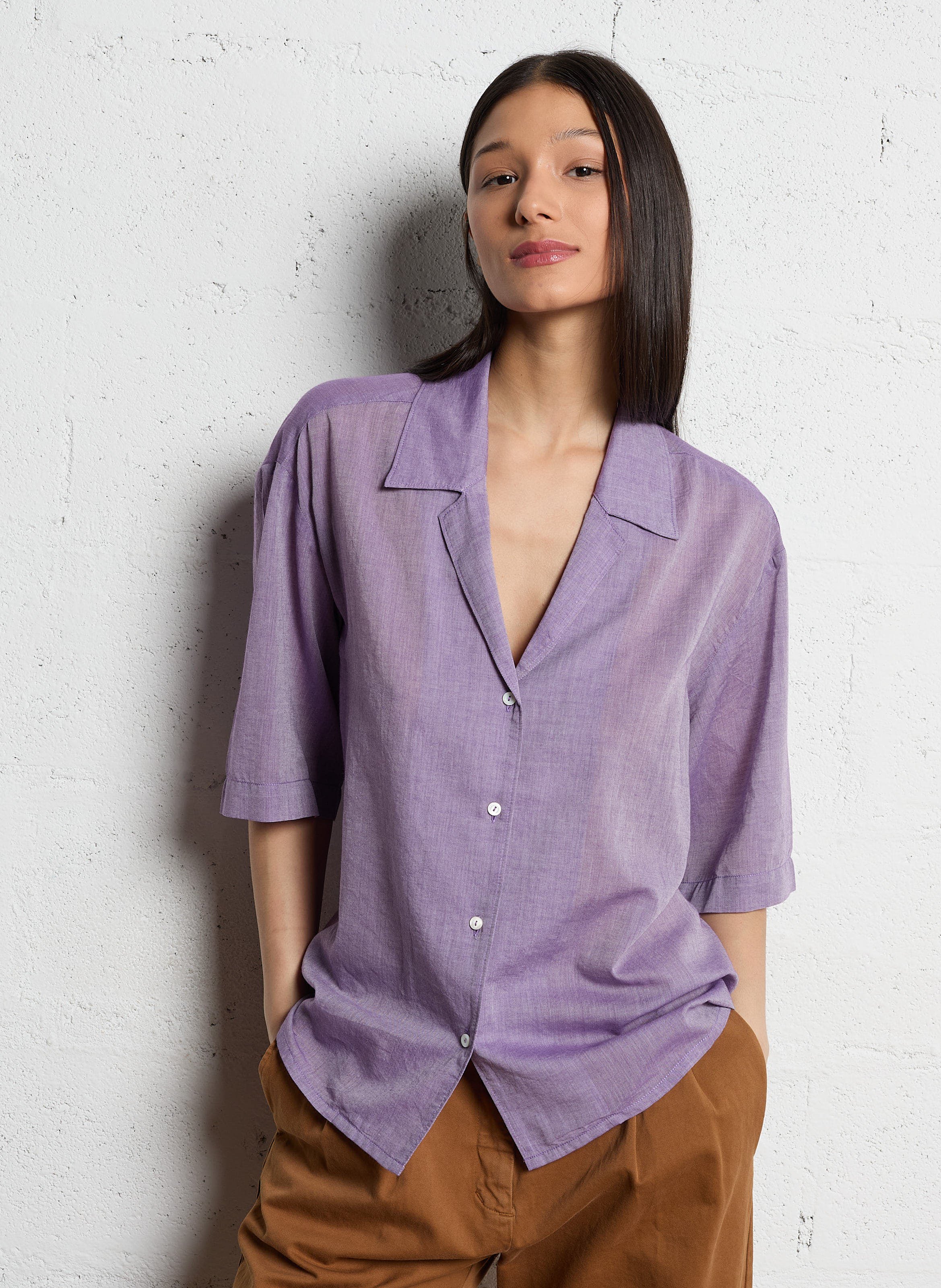 Chemise col classique manches contrastantes en coton DIEGA Purple