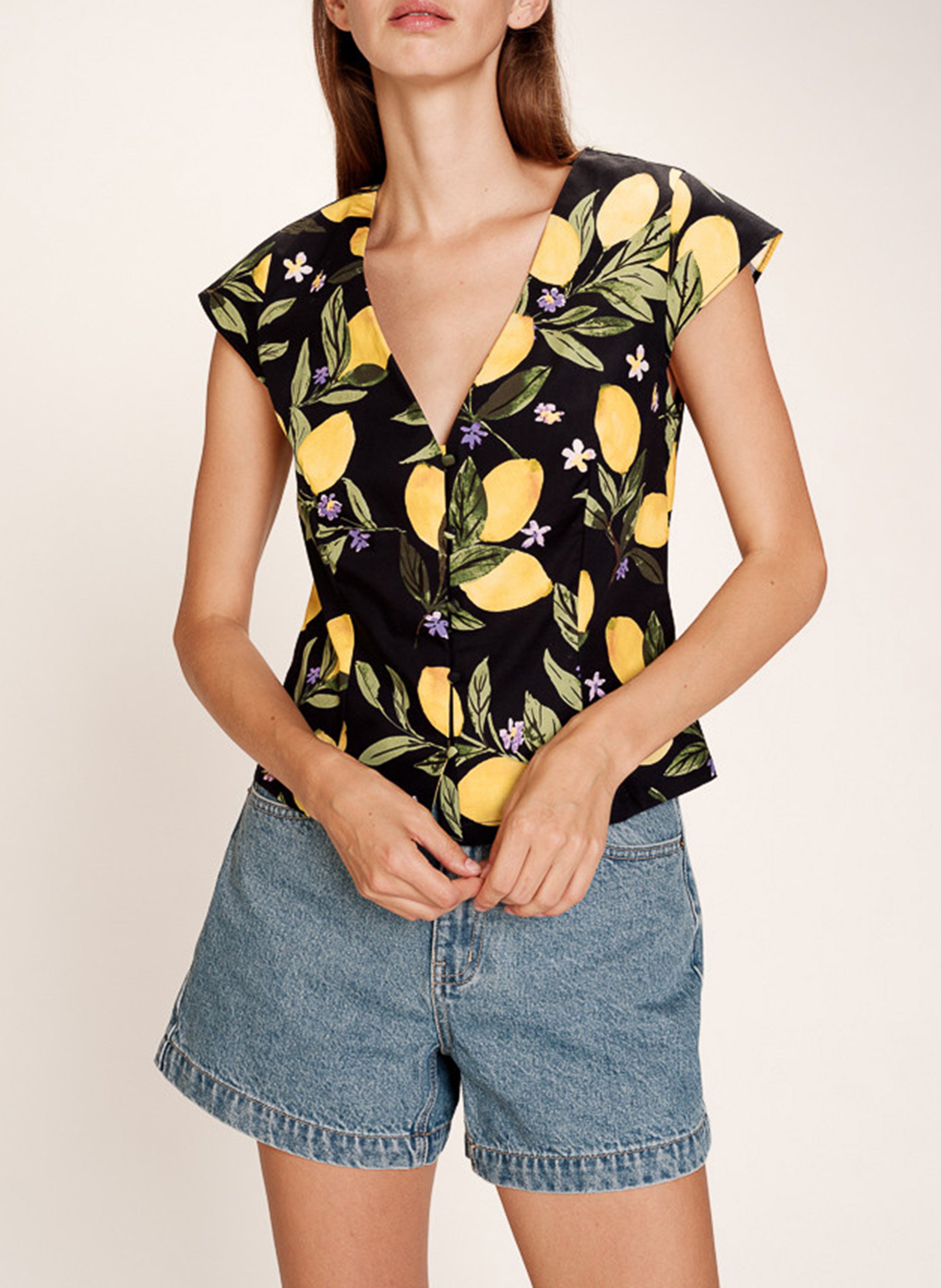 Top col V en coton GRACE ET MILA Noir