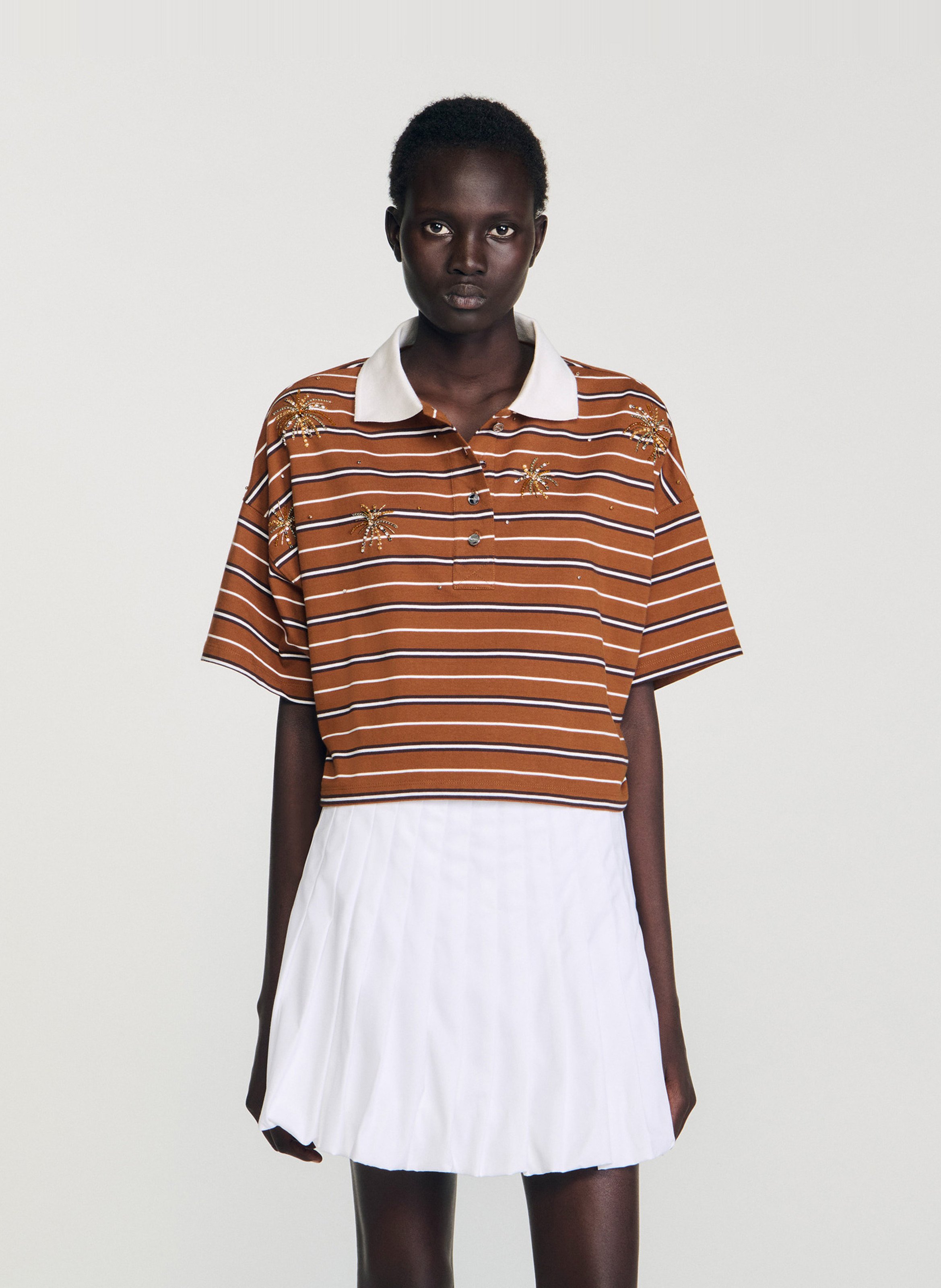 Tee-shirt rayé en coton col classique SANDRO Marron