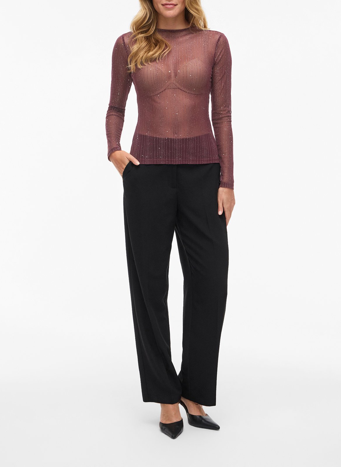 Tee-shirt ajusté transparent à paillettes VILA Prune