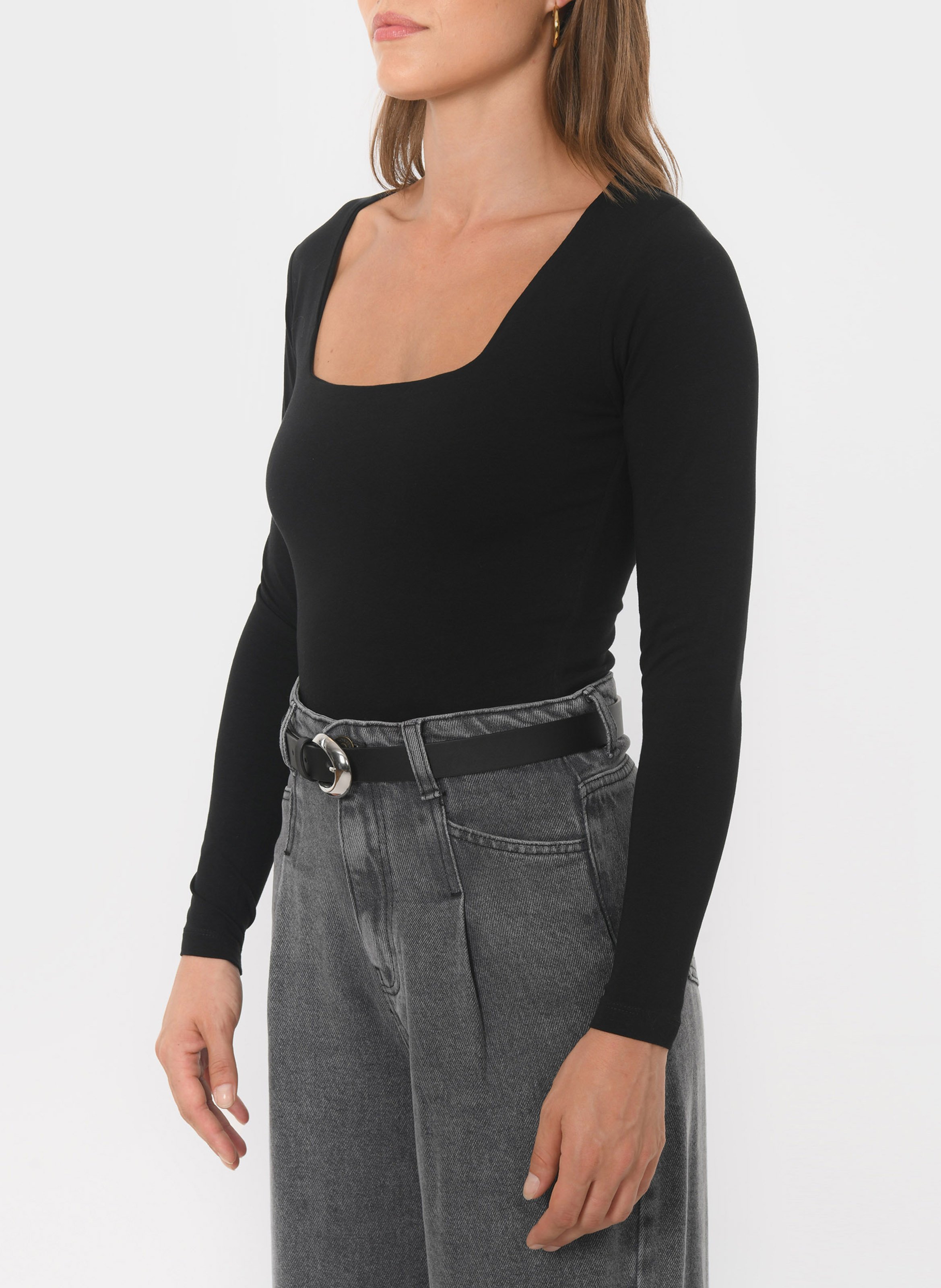 Tee-shirt moulant col carré en coton mélangé KOOKAI Noir