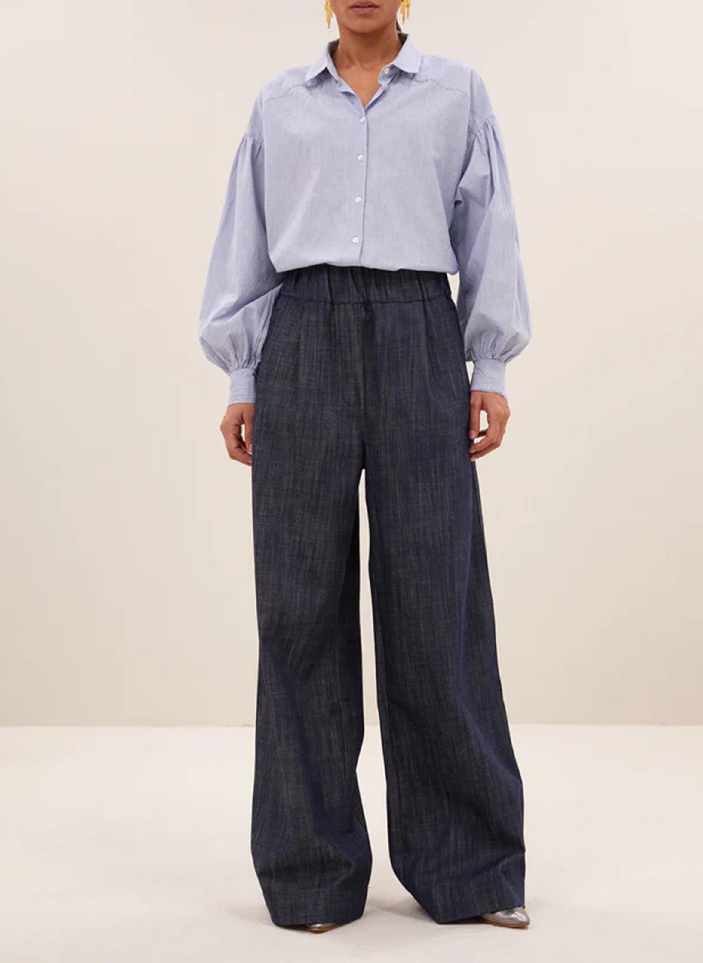 Gestreepte broek in pyjamastijl van katoen, linnen en zijde BY BAR Blauw