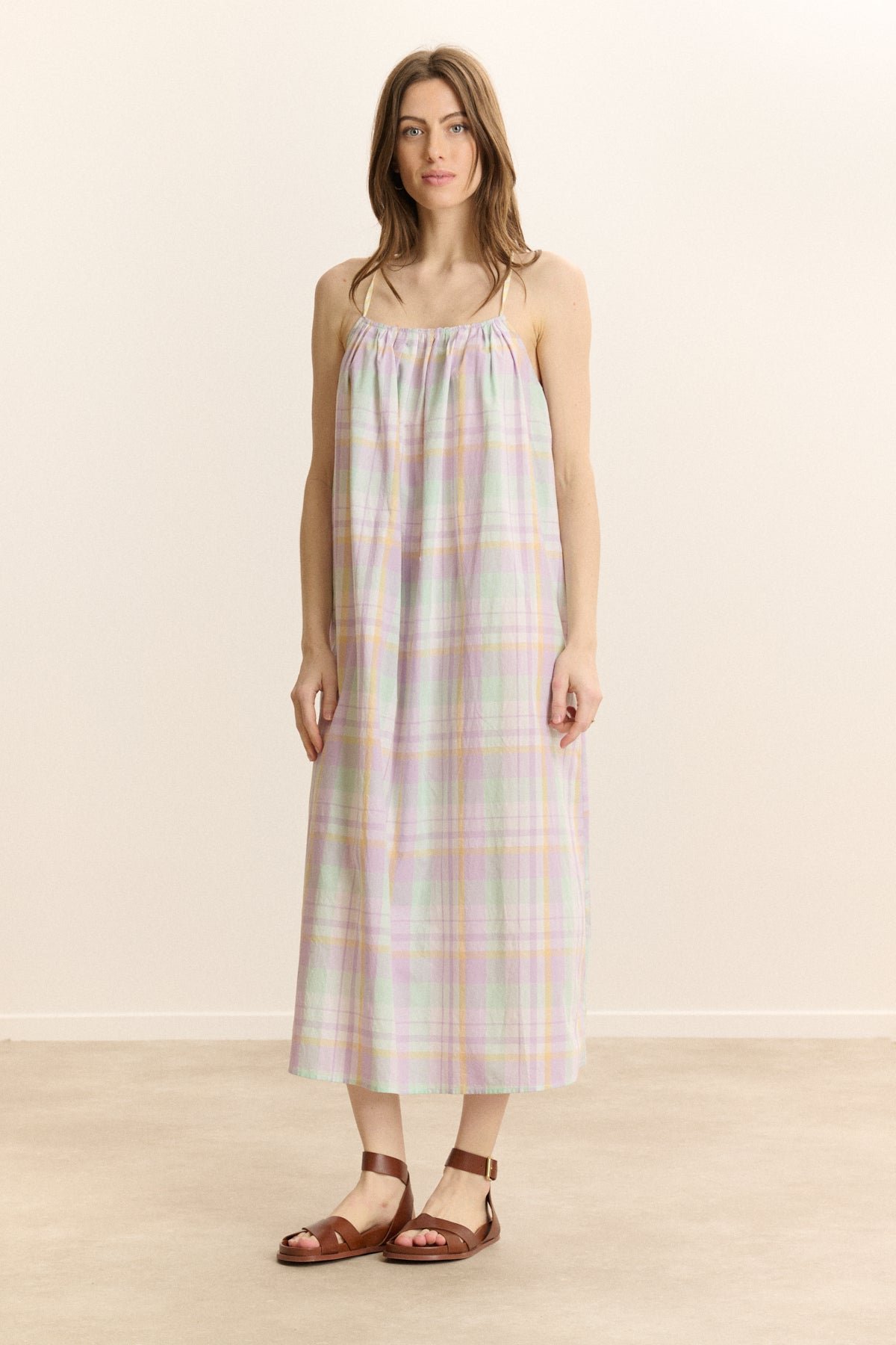 Long checkered dress with straps GARANCE PARIS Purple