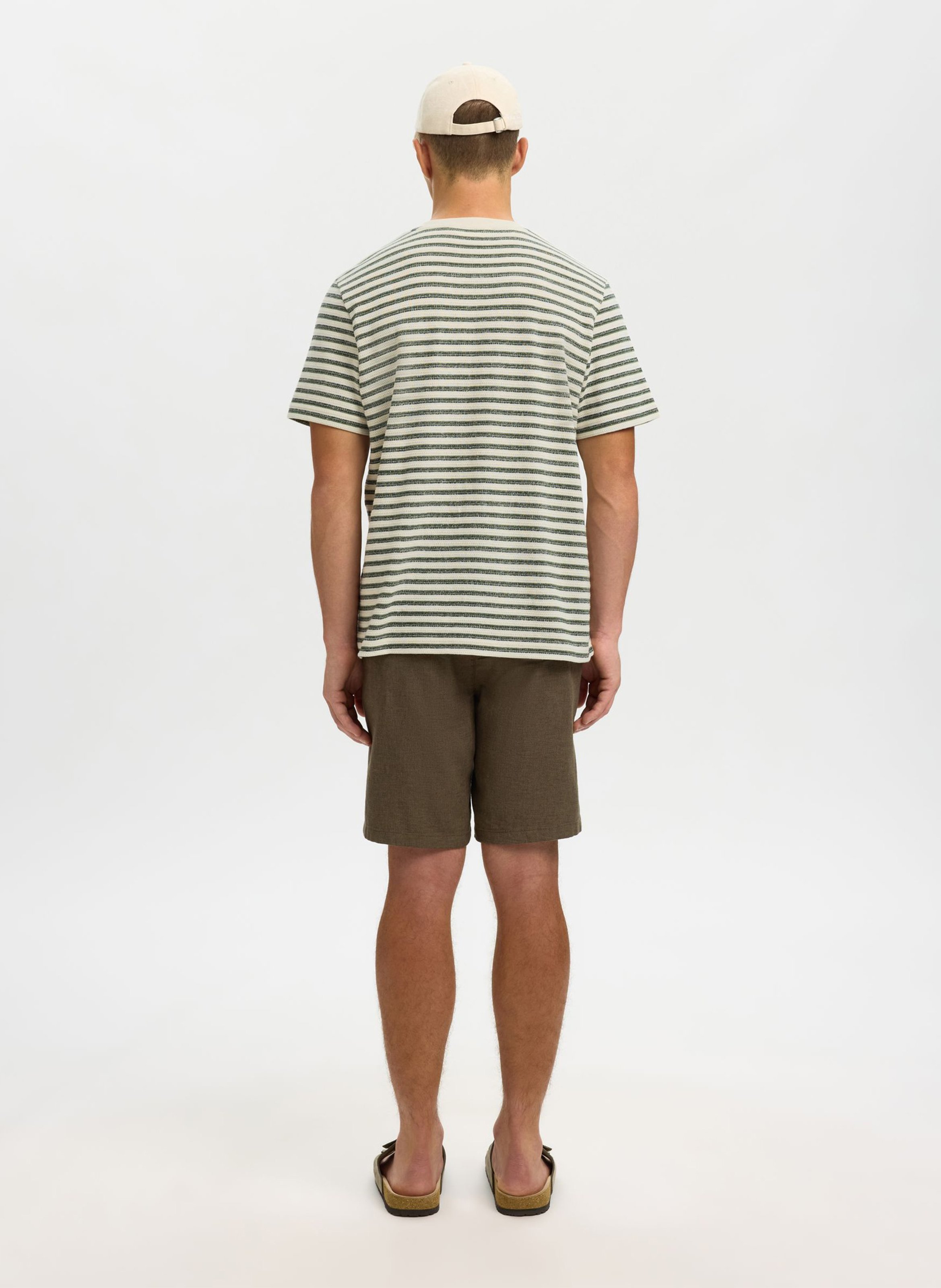 Rechte ronde hals T-shirt van gemengd biologisch katoen met strepen SELECTED Beige