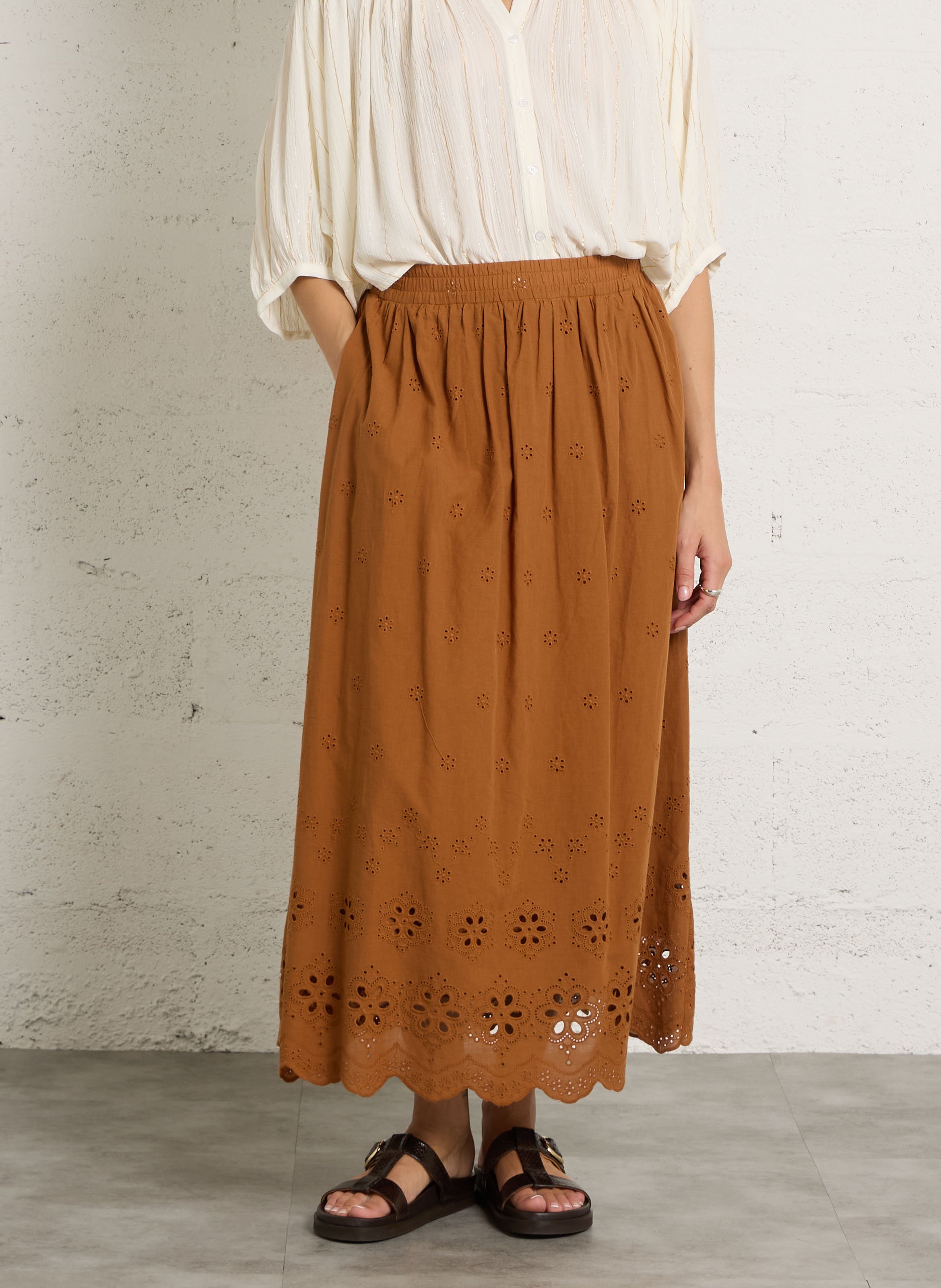 Jupe midi en coton brodé SEE U SOON