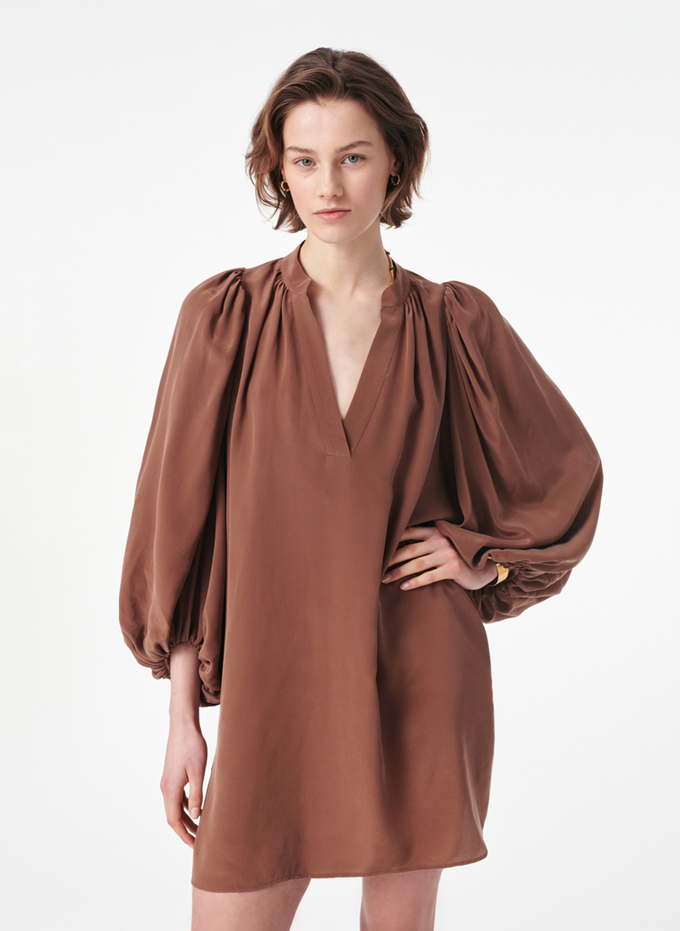 Robe courte col V en soie VANESSA BRUNO Marron