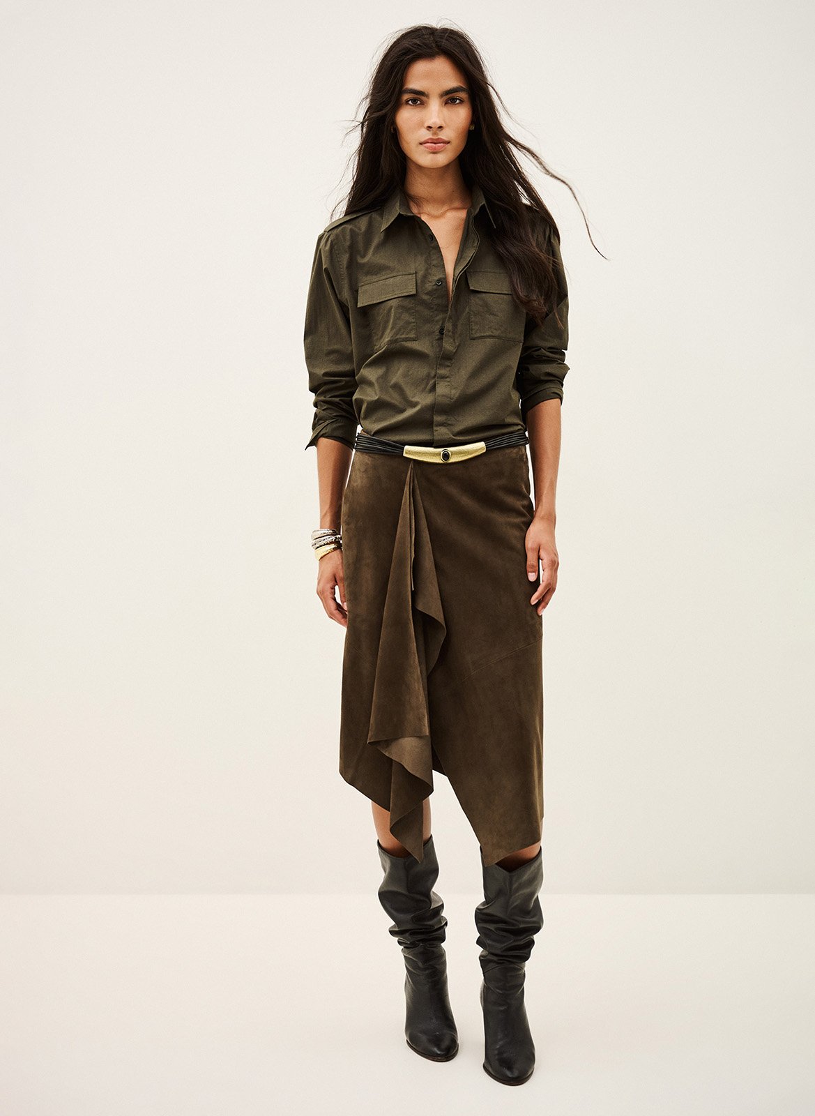 Jupe midi asymétrique en cuir BA&SH Marron