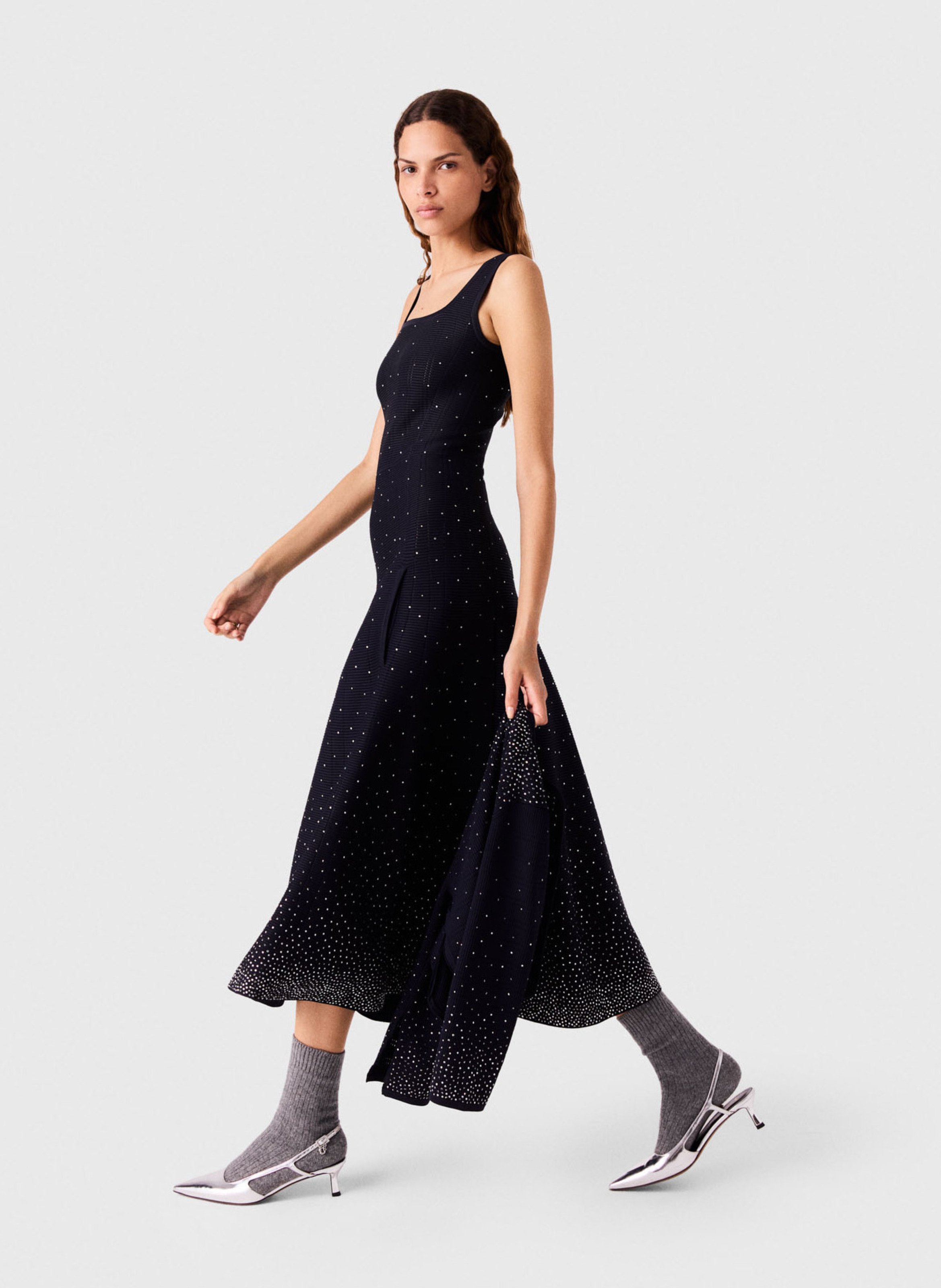 Robe midi évasée à strass MAJE Bleu