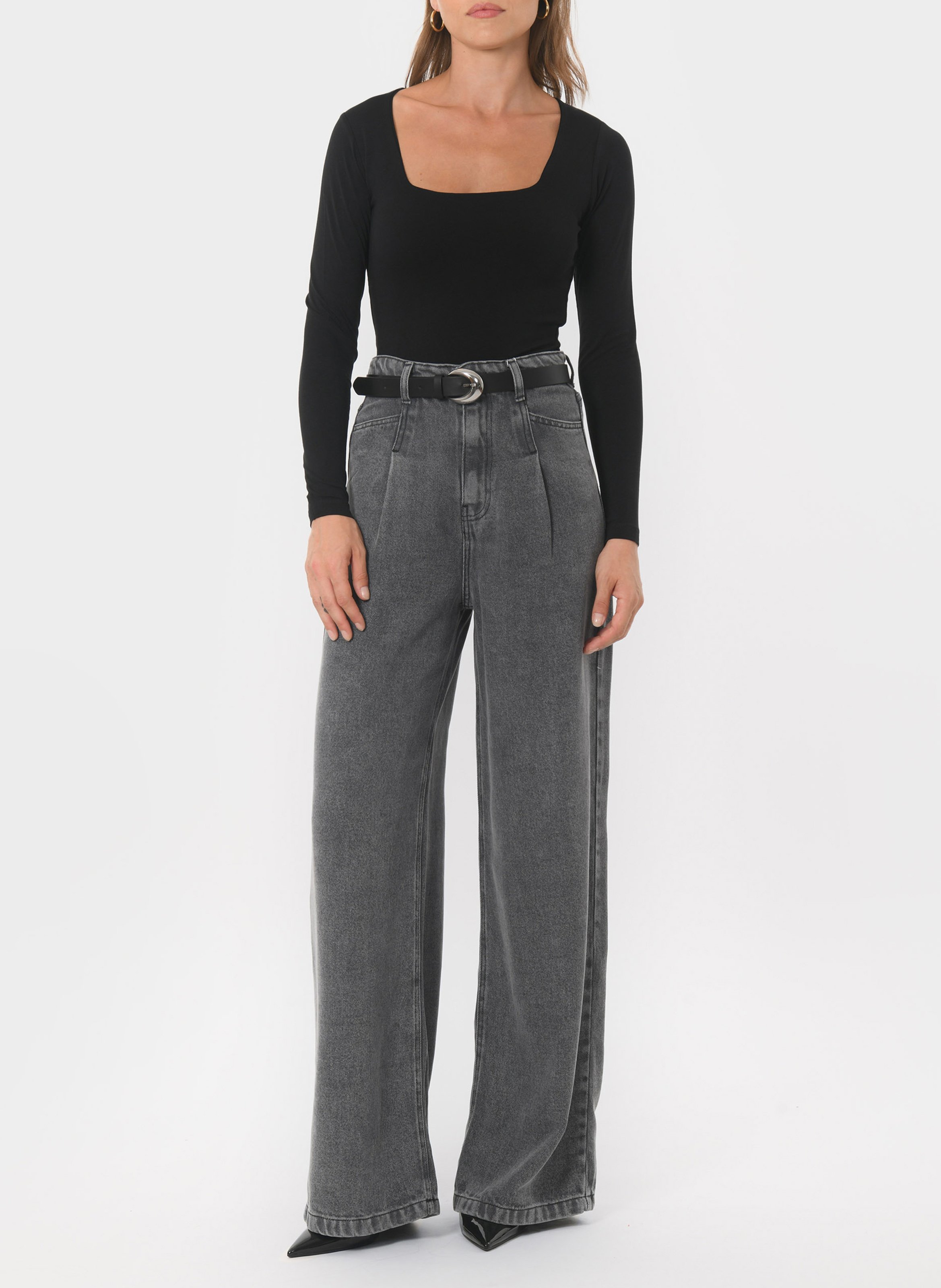 Tee-shirt moulant col carré en coton mélangé KOOKAI Noir