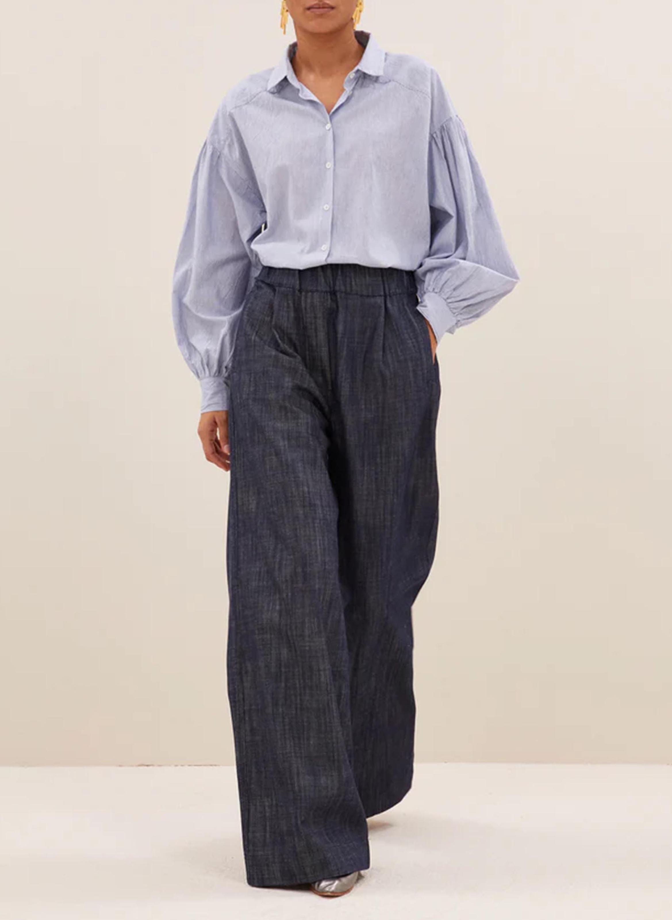 Gestreepte broek in pyjamastijl van katoen, linnen en zijde BY BAR Blauw