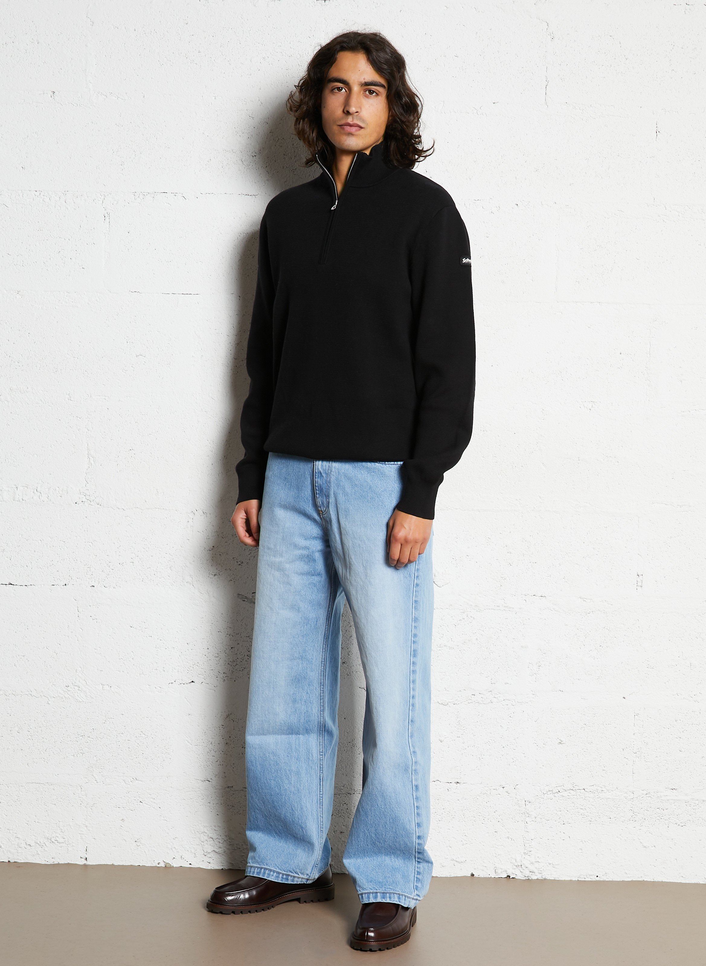 Pull droit col montant zippé en coton  SCHOTT Noir