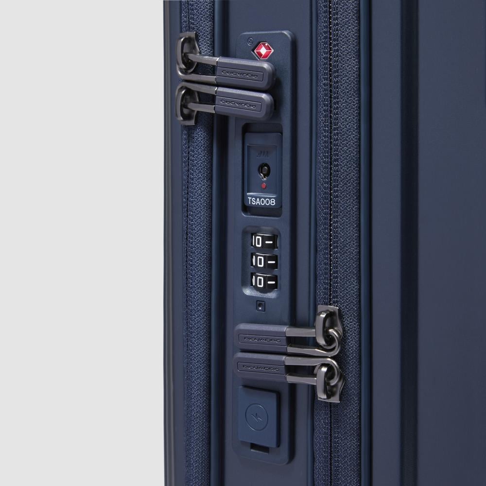 Cabin suitcase with 4 wheels, laptop compartment, USB ports, USB type-C, and removable washable lining PIQUADRO Blue