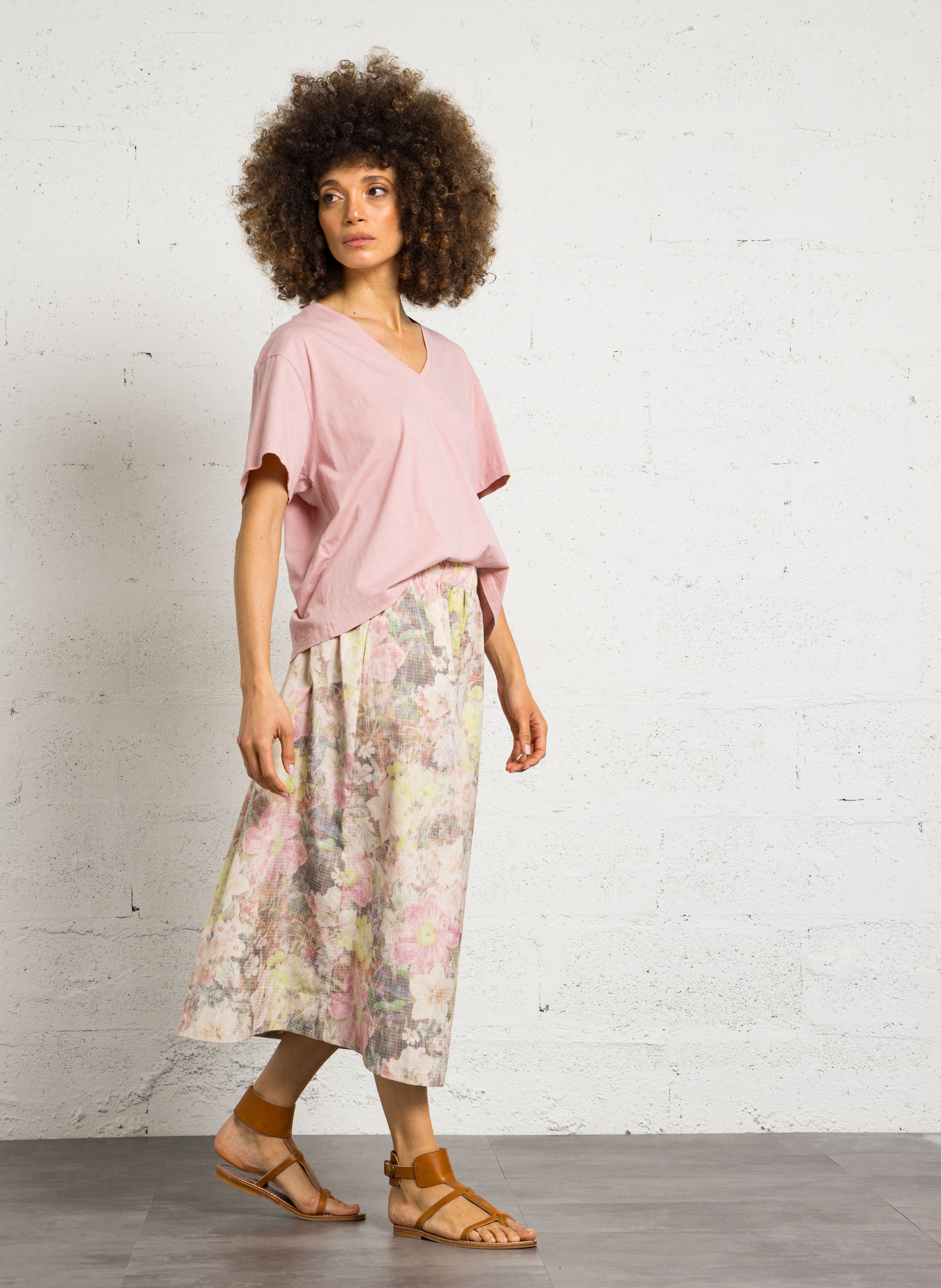 Tee-shirt ample col V en coton DES PETITS HAUTS Rose