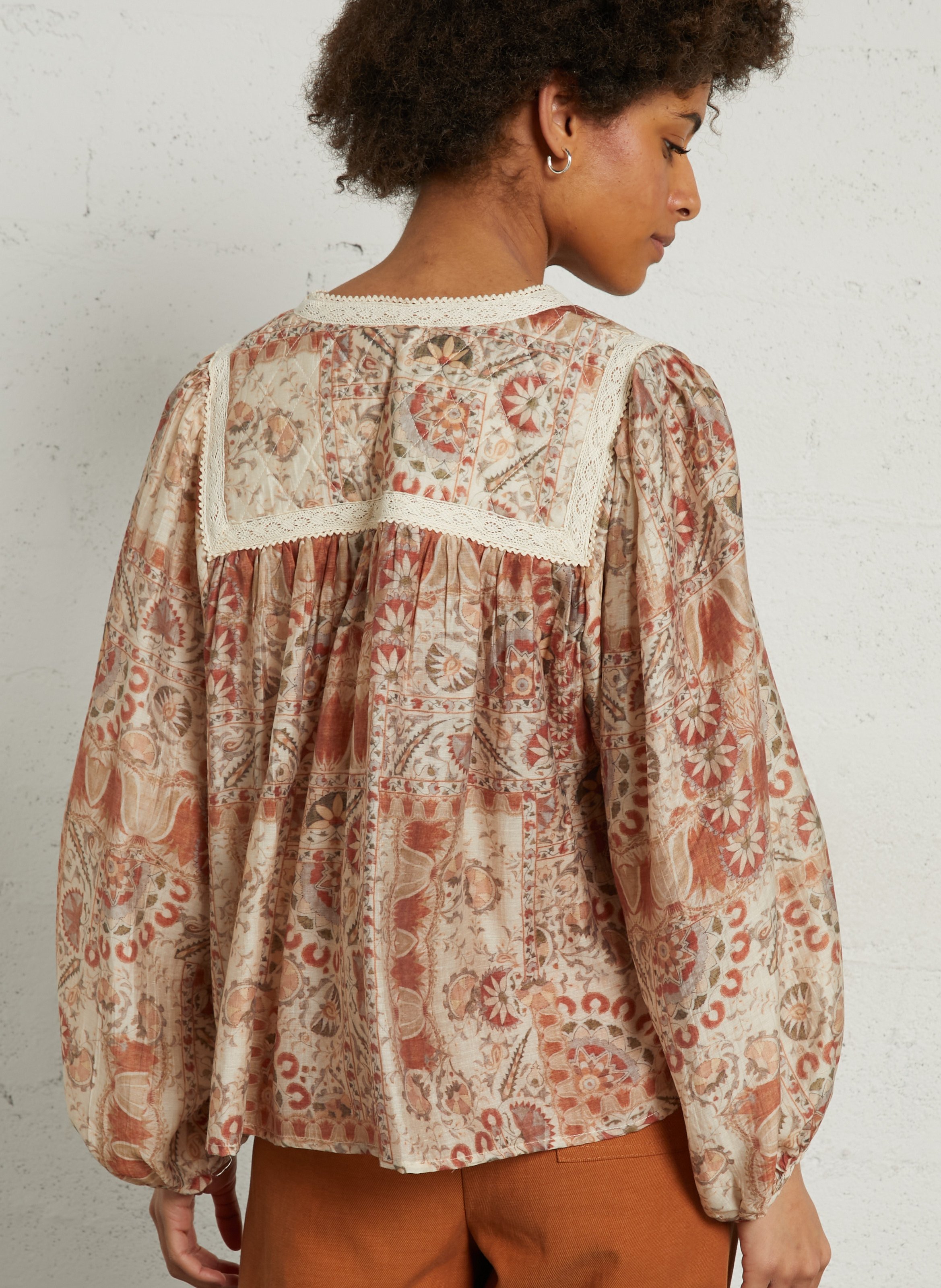 Blouse imprimée col tunisien broderie SEE U SOON Blanc