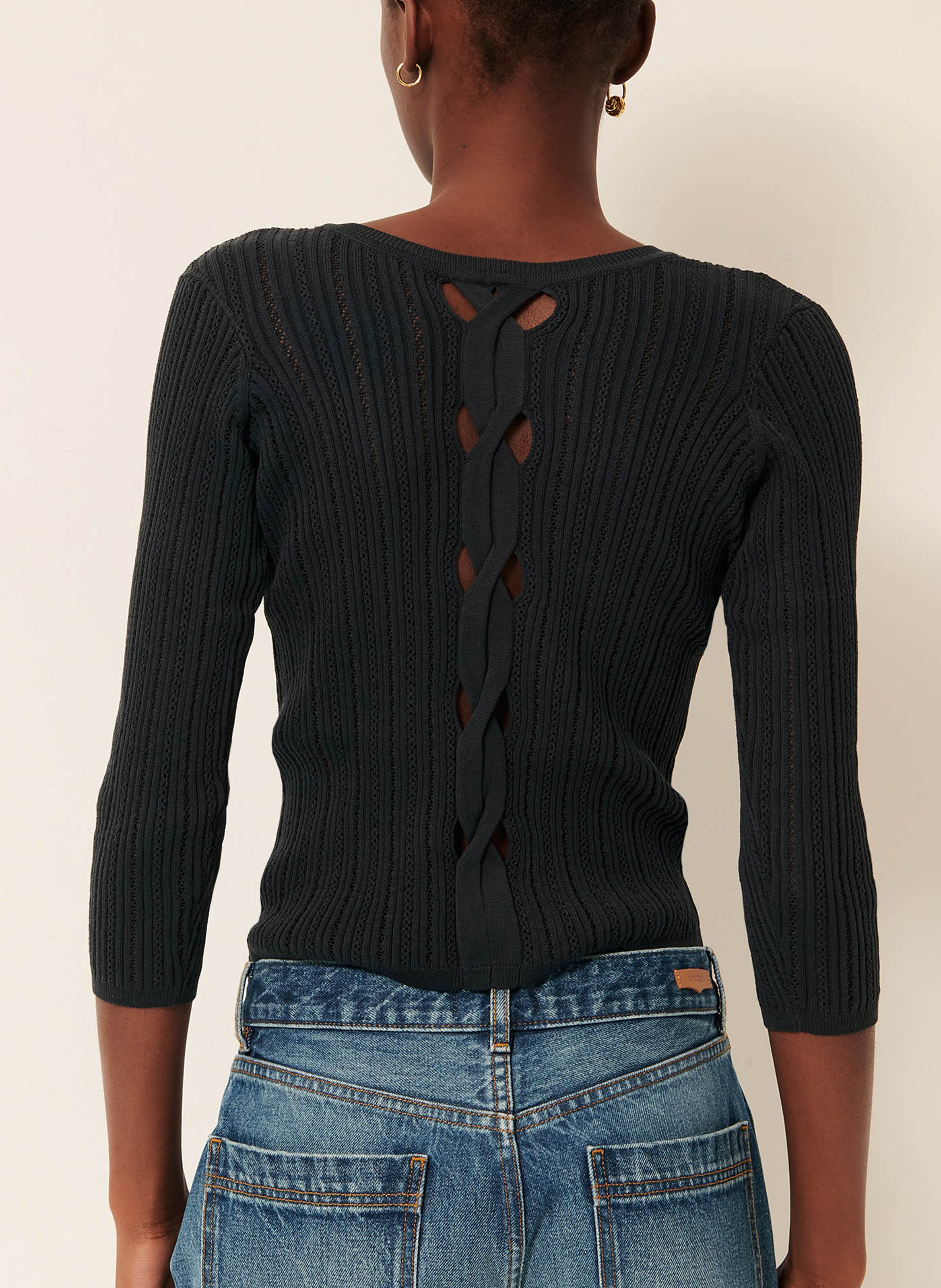 Three-quarter sleeve knit cotton sweater with cutouts SESSUN Green