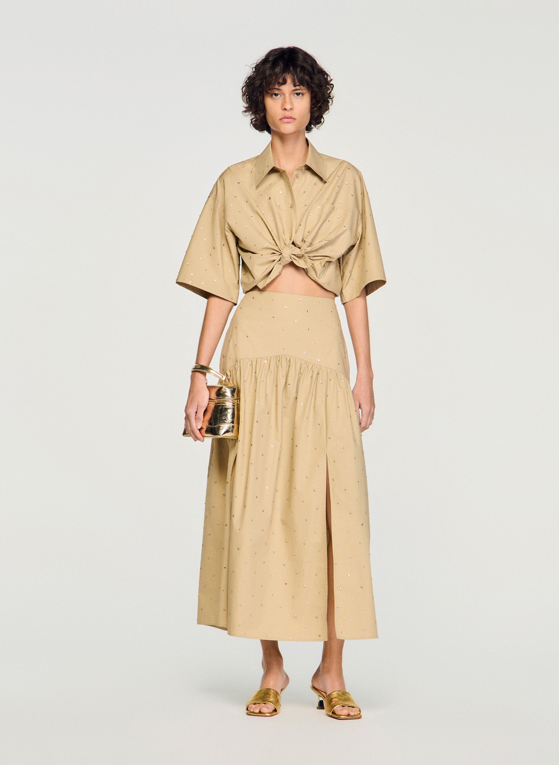 Wijd uitlopende lange rok met strass SANDRO Beige