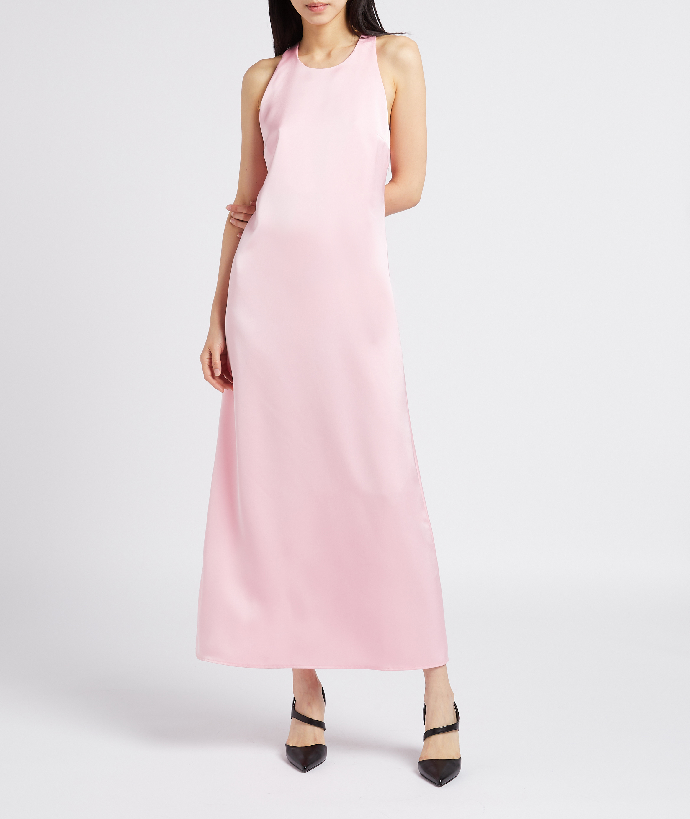 Long fitted satin-finish round-neck dress COLLECTORS CLUB Pink