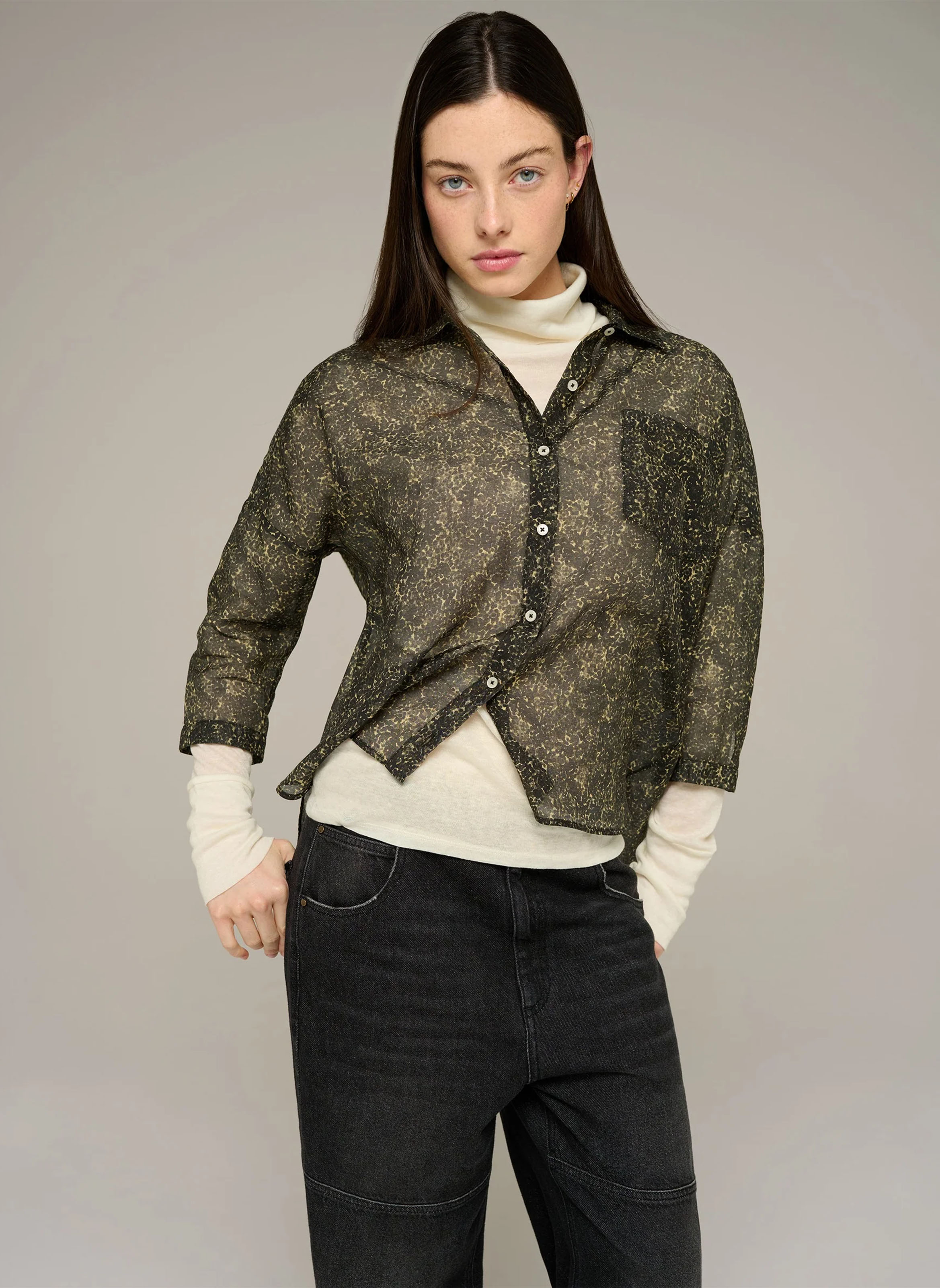 Straight shirt with classic collar in printed cotton and silk blend COTELAC ACOTE Black