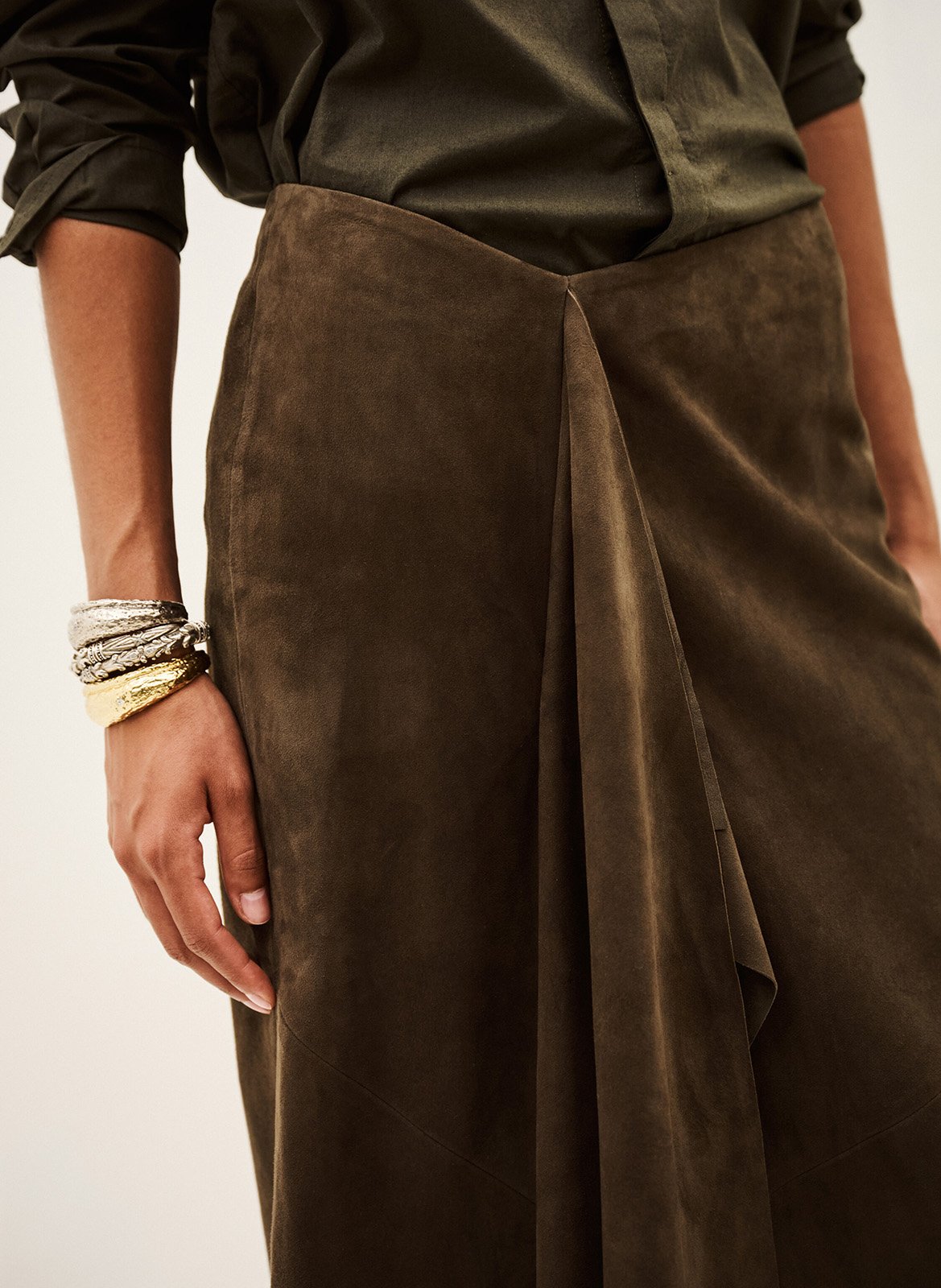 Jupe midi asymétrique en cuir BA&SH Marron