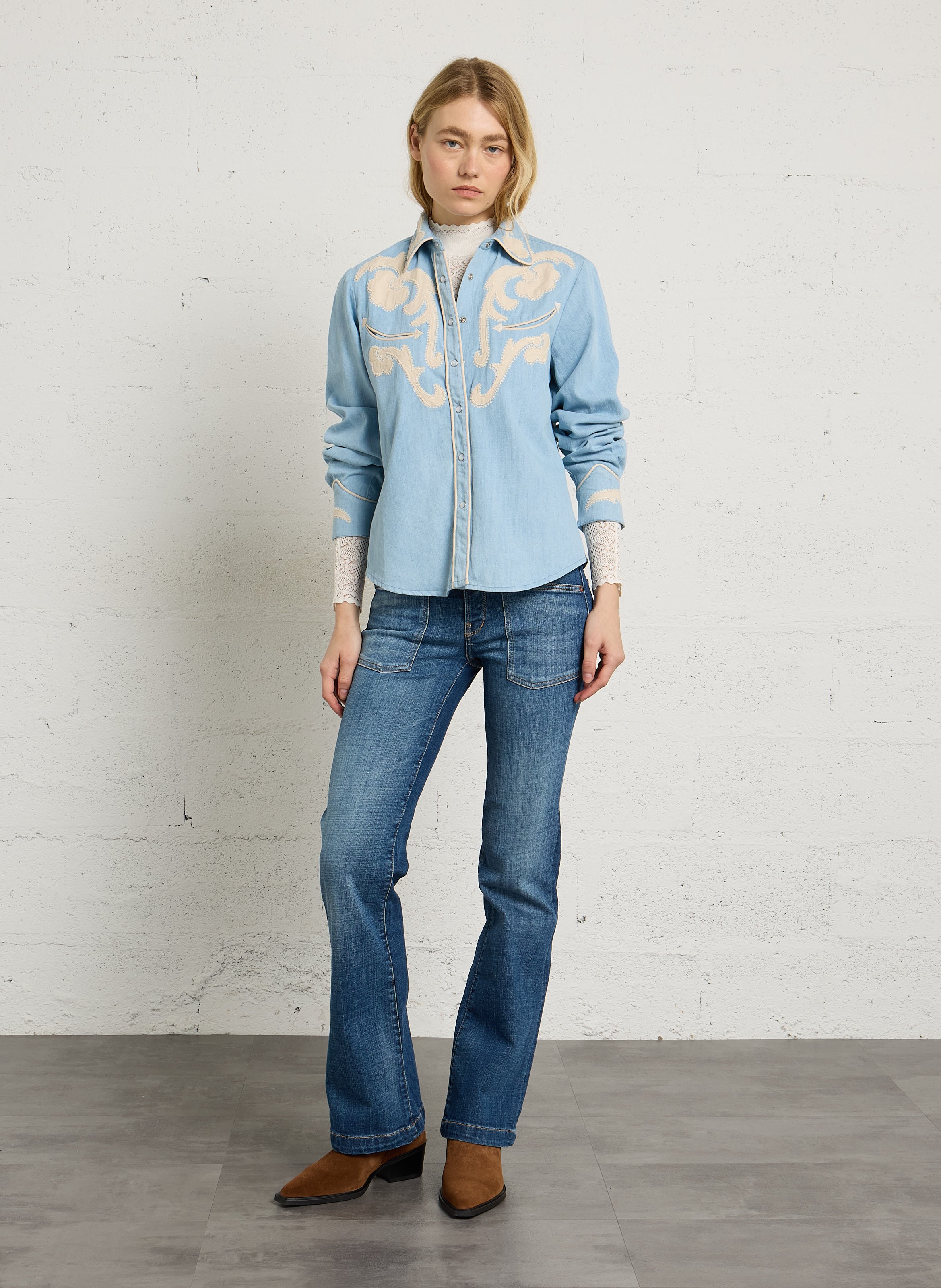 Denim shirt with cotton embroideries MAISON HOTEL Blue