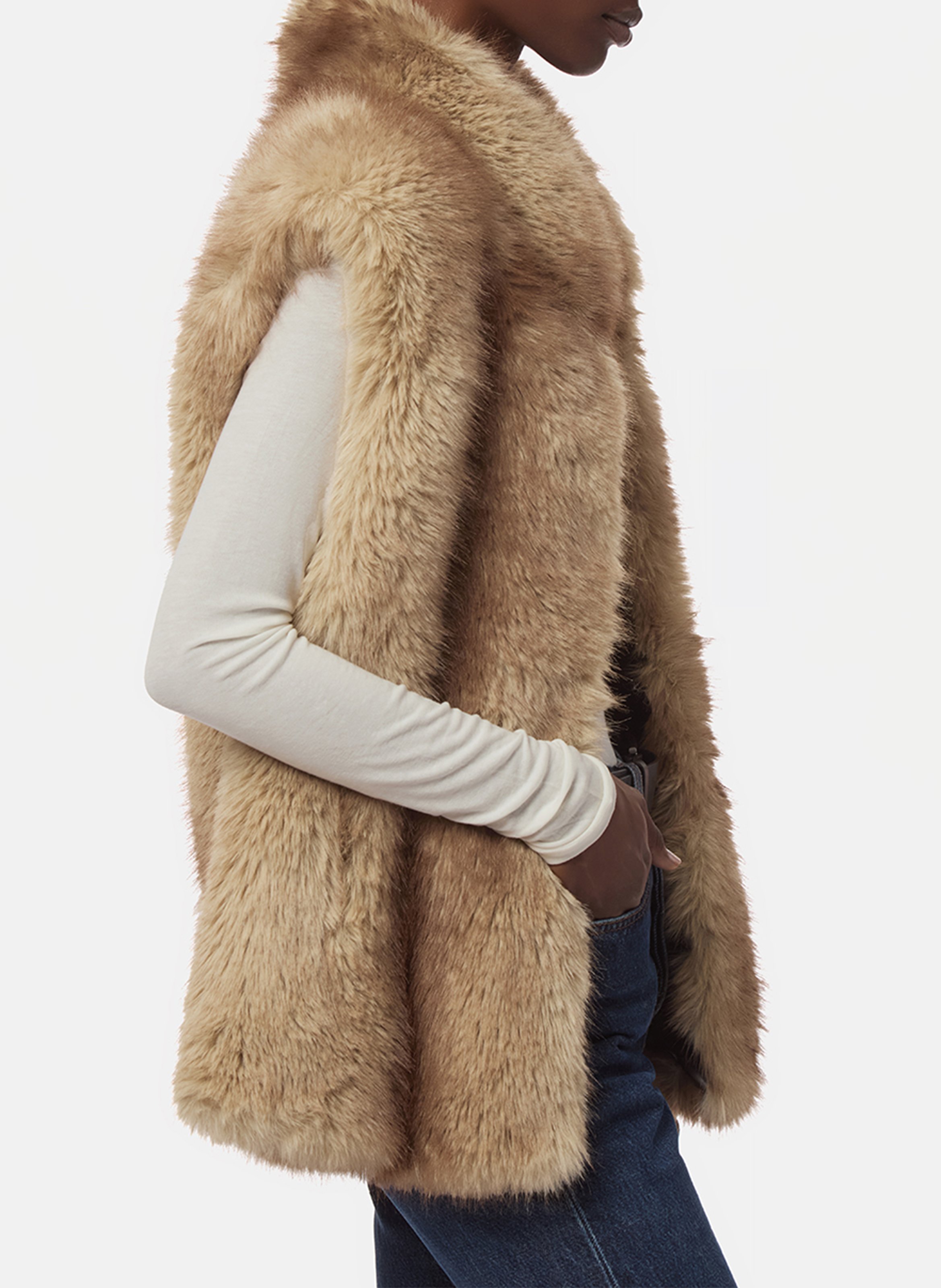 Rechte mouwloze jas met fakefur-effect APPARIS Beige