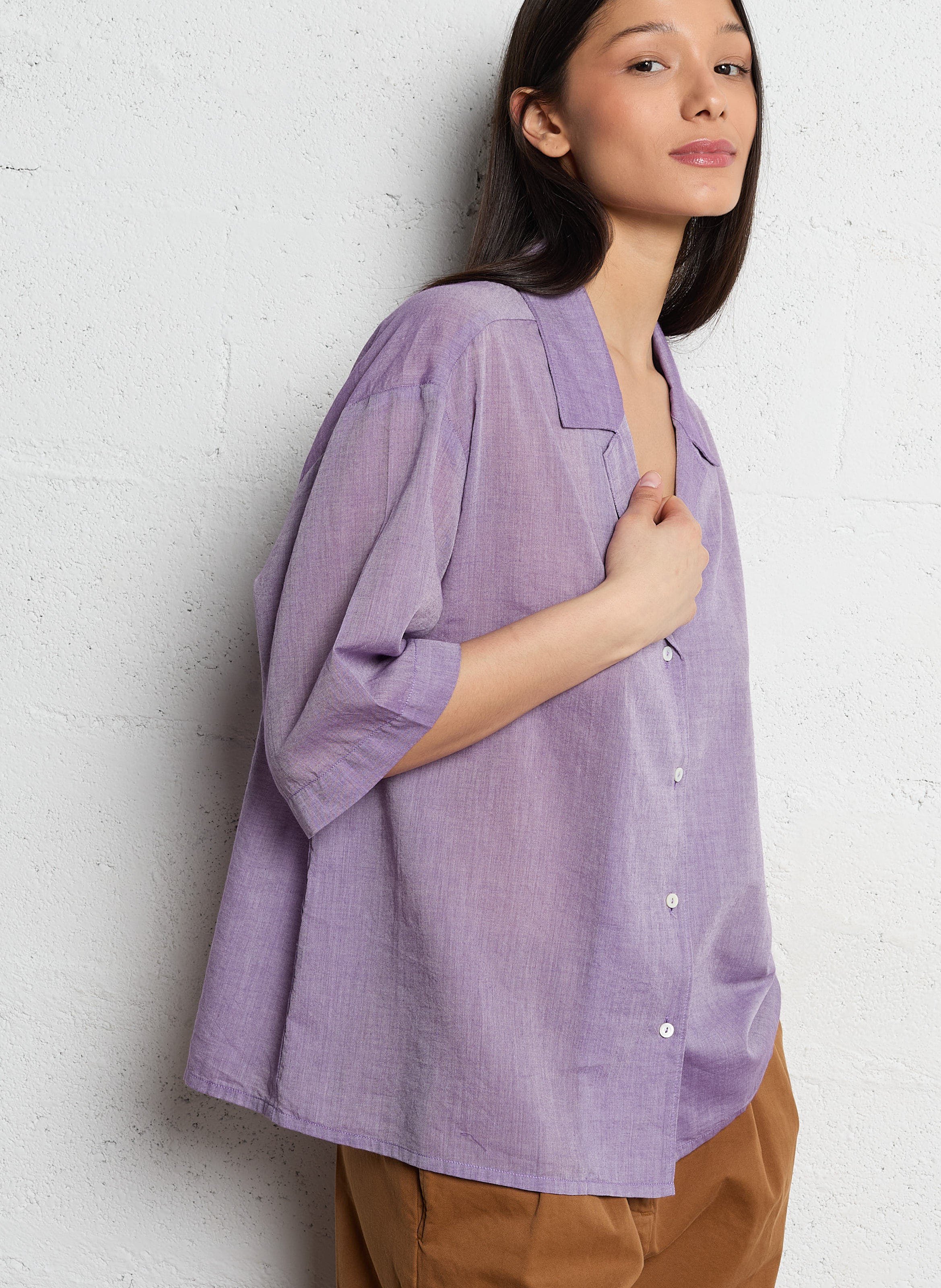 Chemise col classique manches contrastantes en coton DIEGA Purple