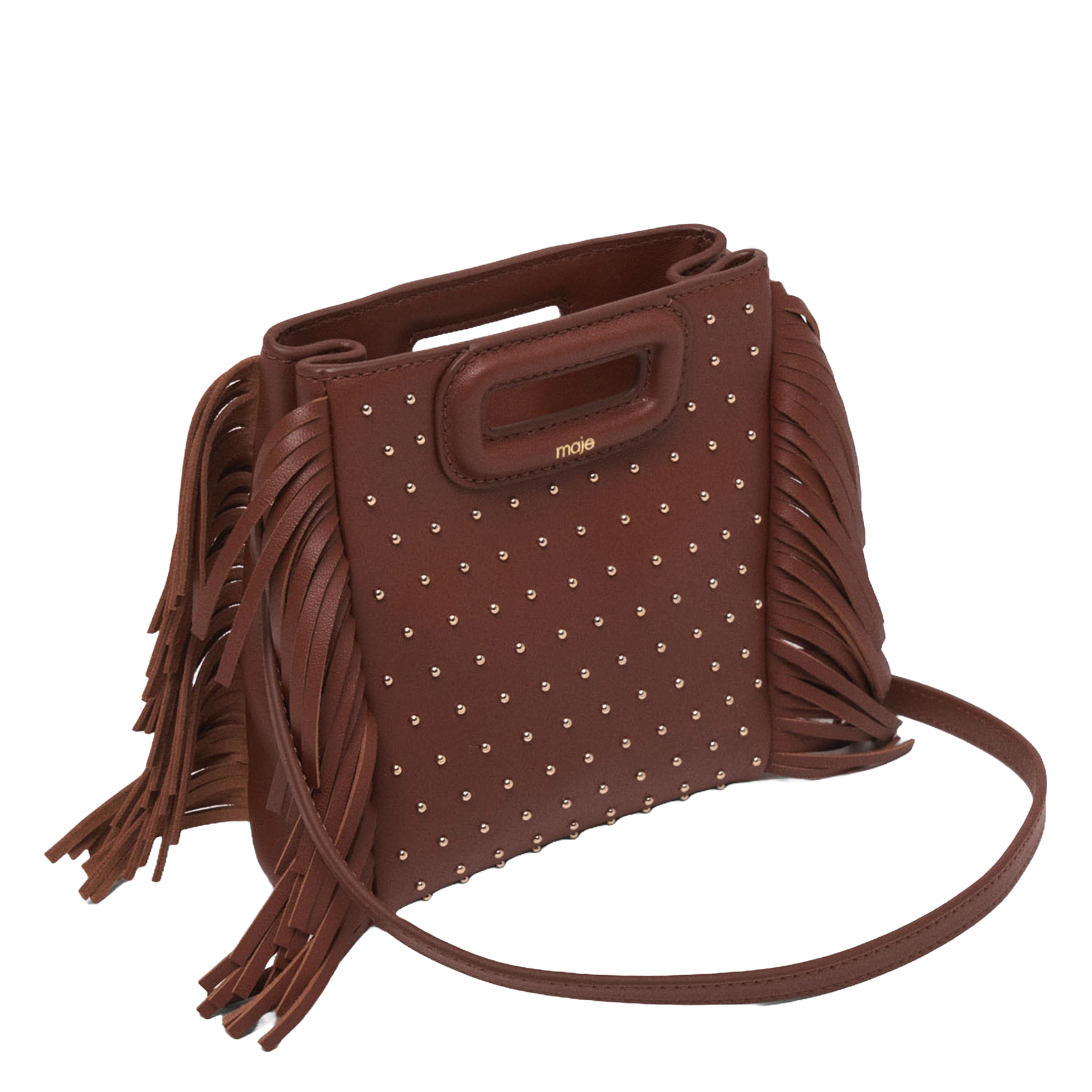 Sac en cuir à franges et studs MAJE Marron