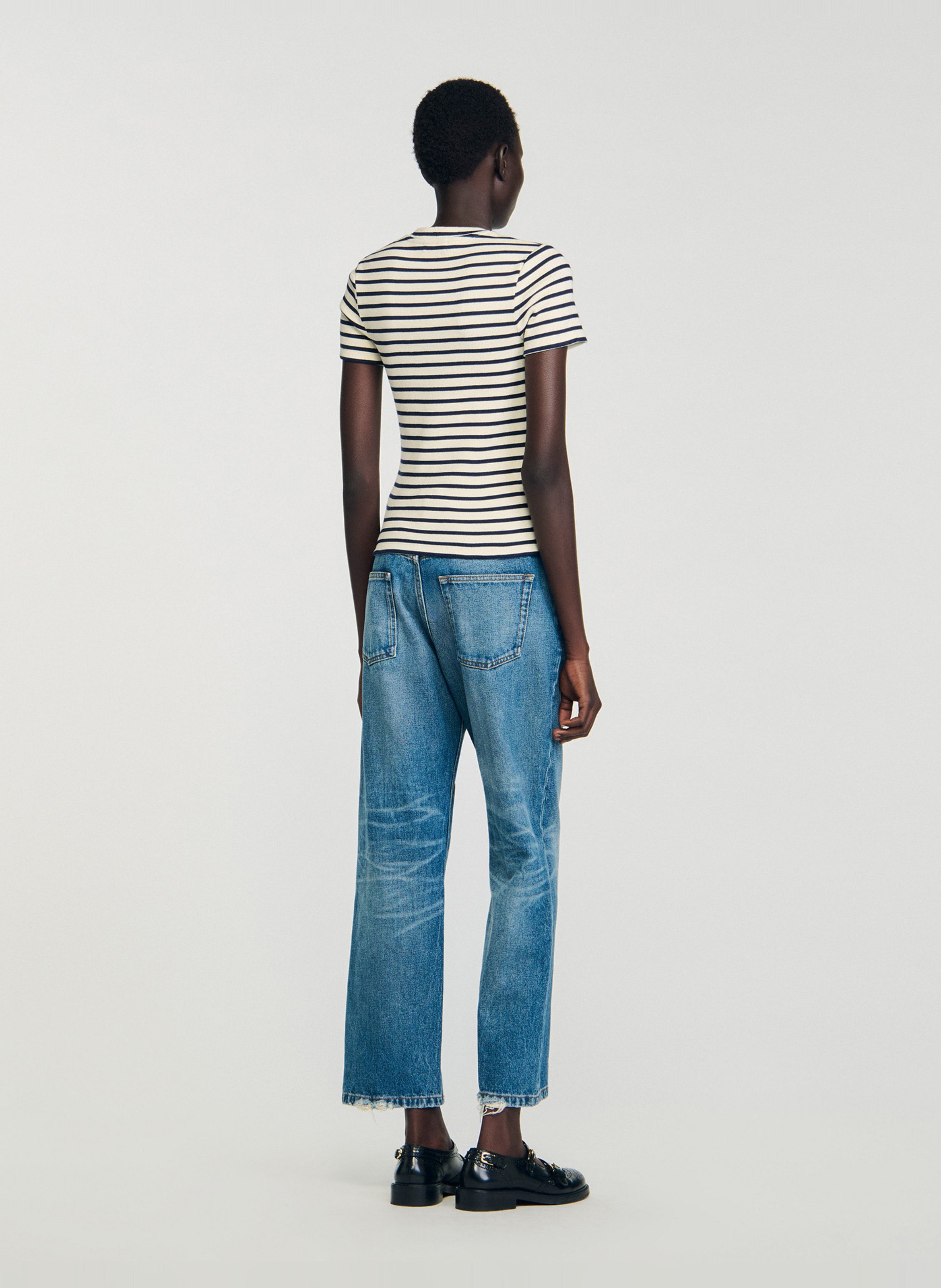 Tee-shirt col rond à rayures SANDRO Blanc