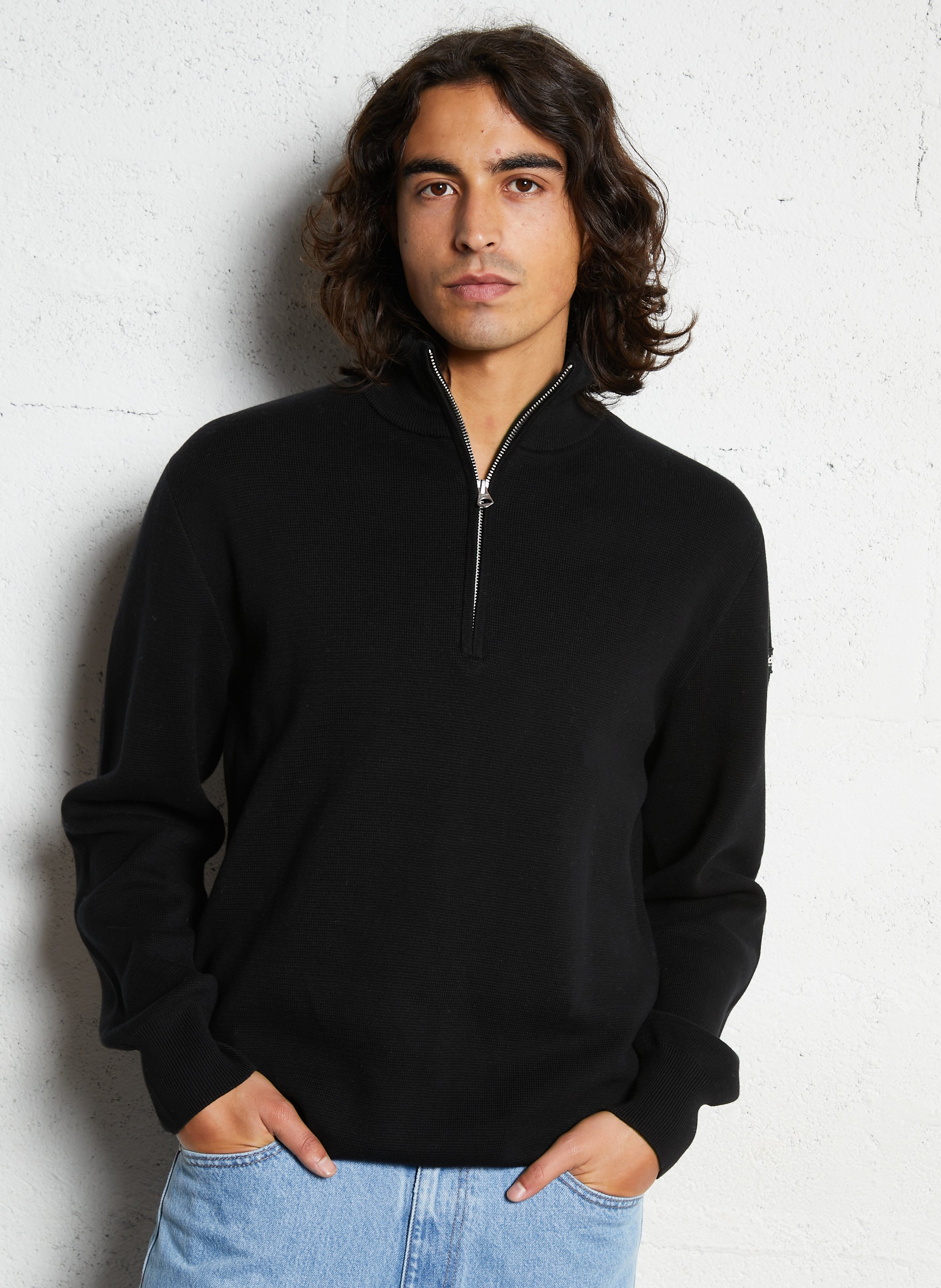 Straight cotton sweater with zip-up high neck SCHOTT