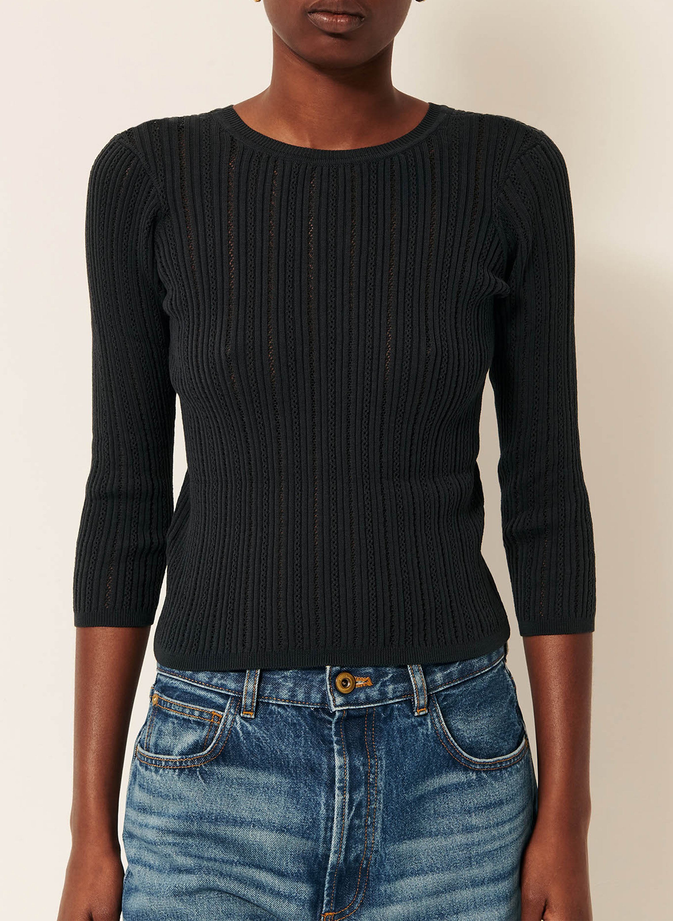 Three-quarter sleeve knit cotton sweater with cutouts SESSUN Green