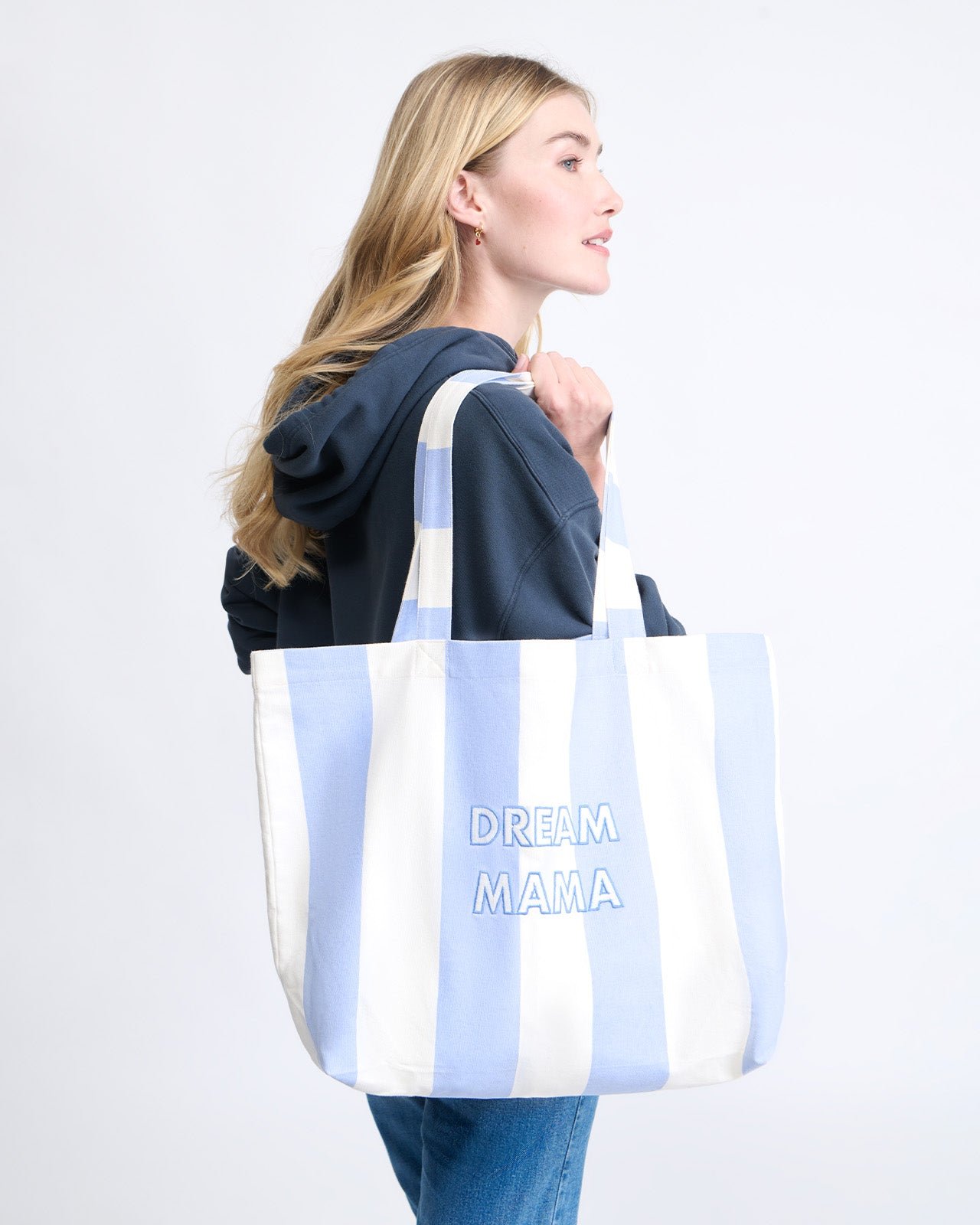 Embroidered Striped Tote Bag Dream Mama EMOI EMOI Blue