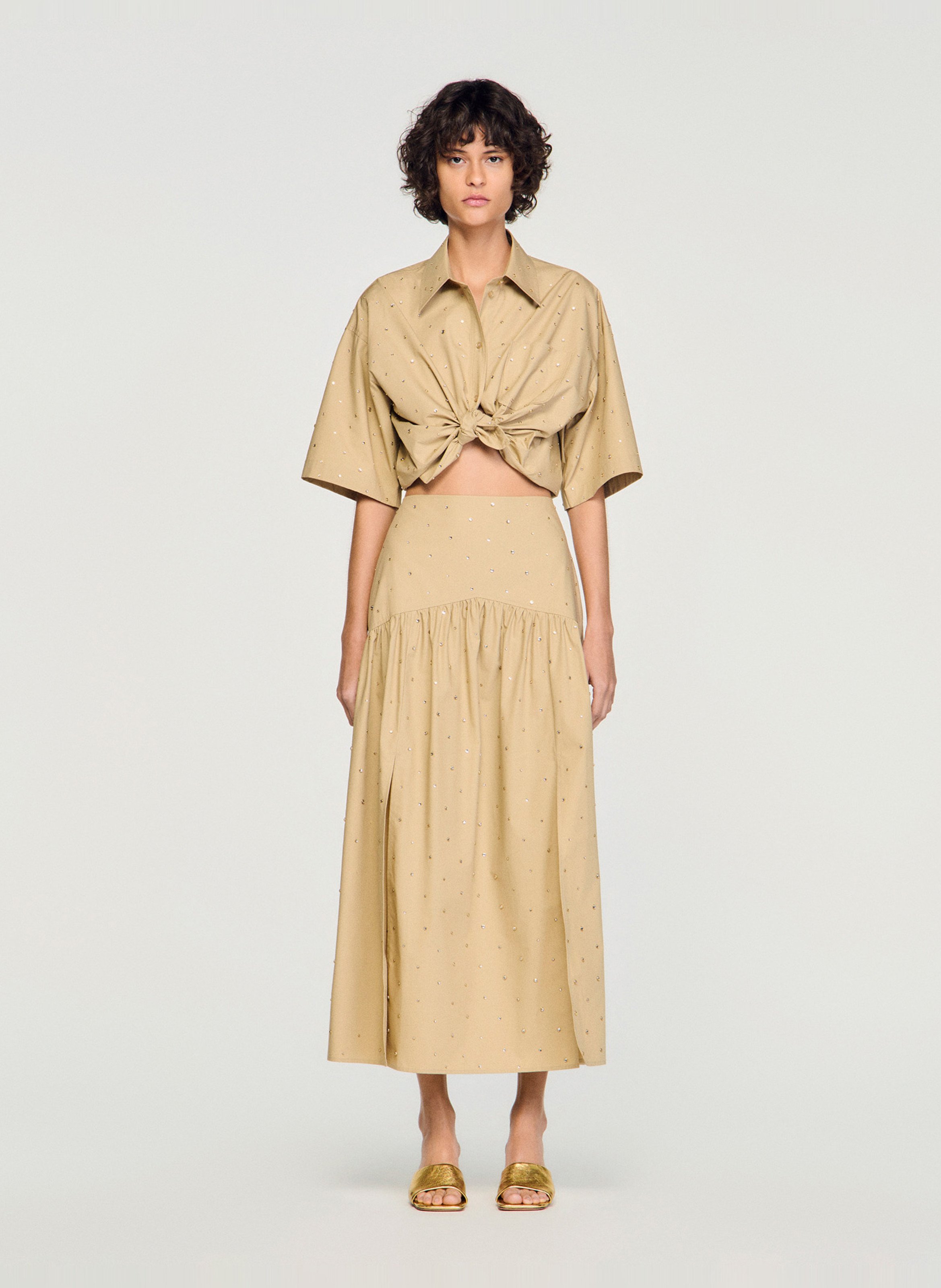 Wijd uitlopende lange rok met strass SANDRO Beige