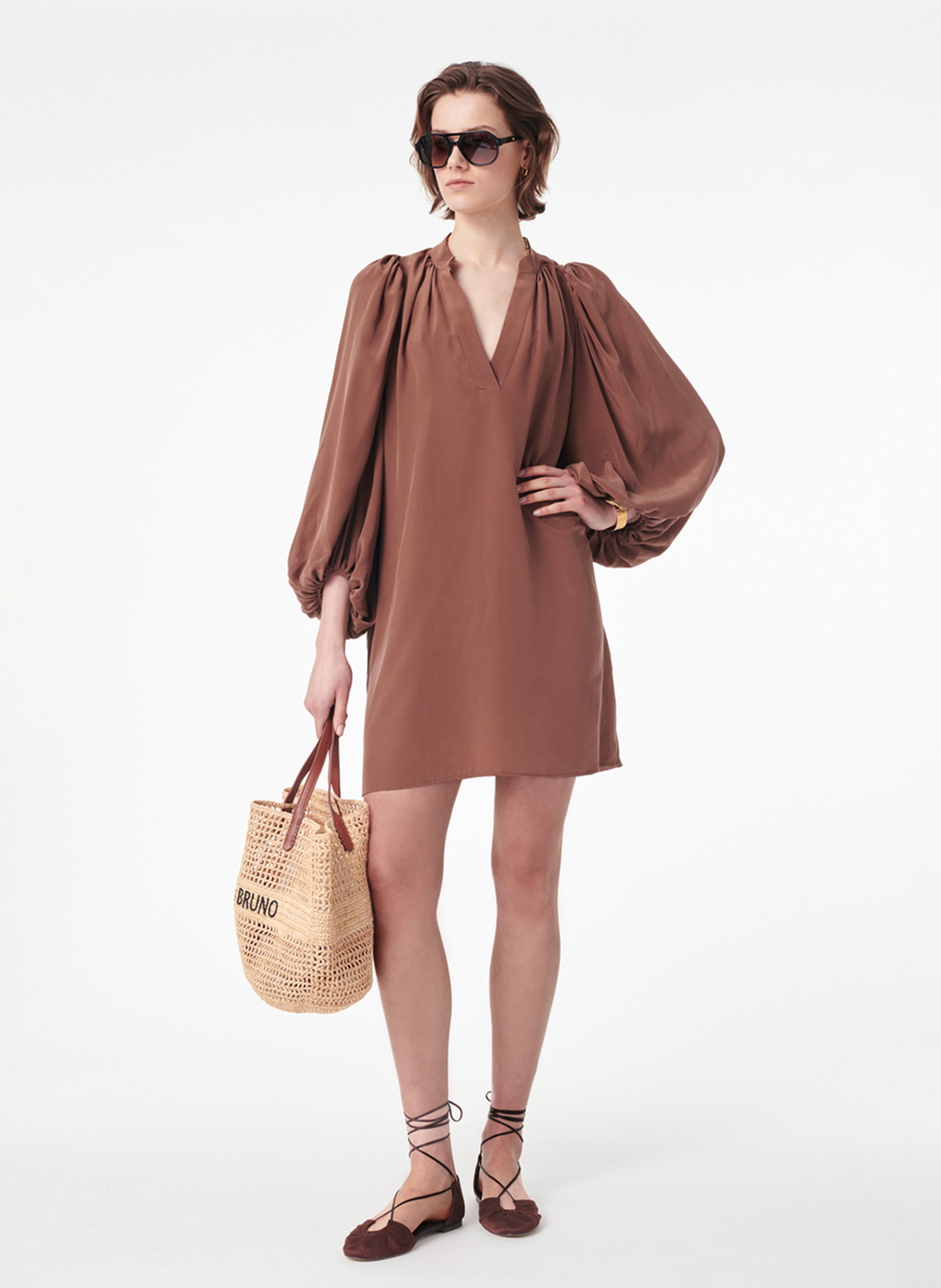 Robe courte col V en soie VANESSA BRUNO Marron