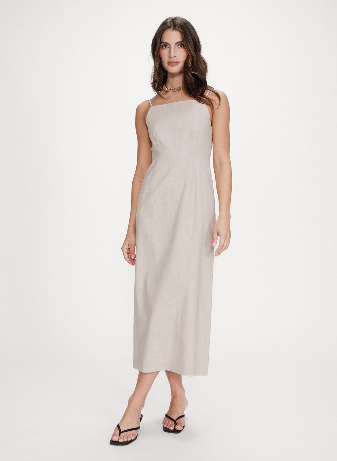 Solid color straight midi linen blend dress GRACE ET MILA
