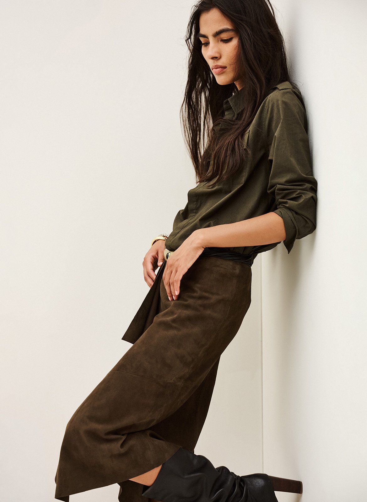 Jupe midi asymétrique en cuir BA&SH Marron
