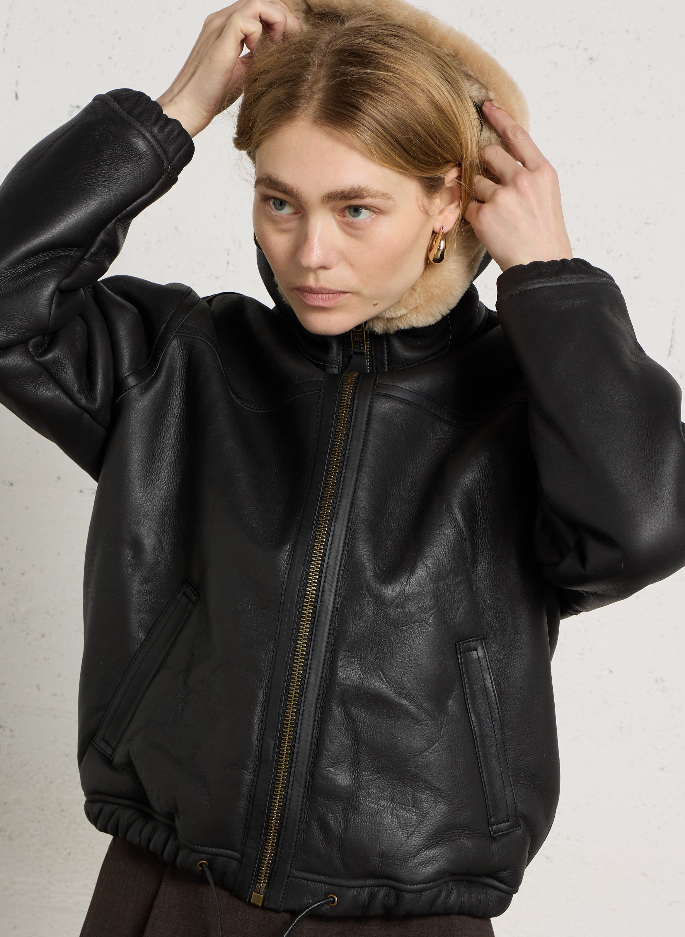 Oversized leather jacket SCHOTT Brown